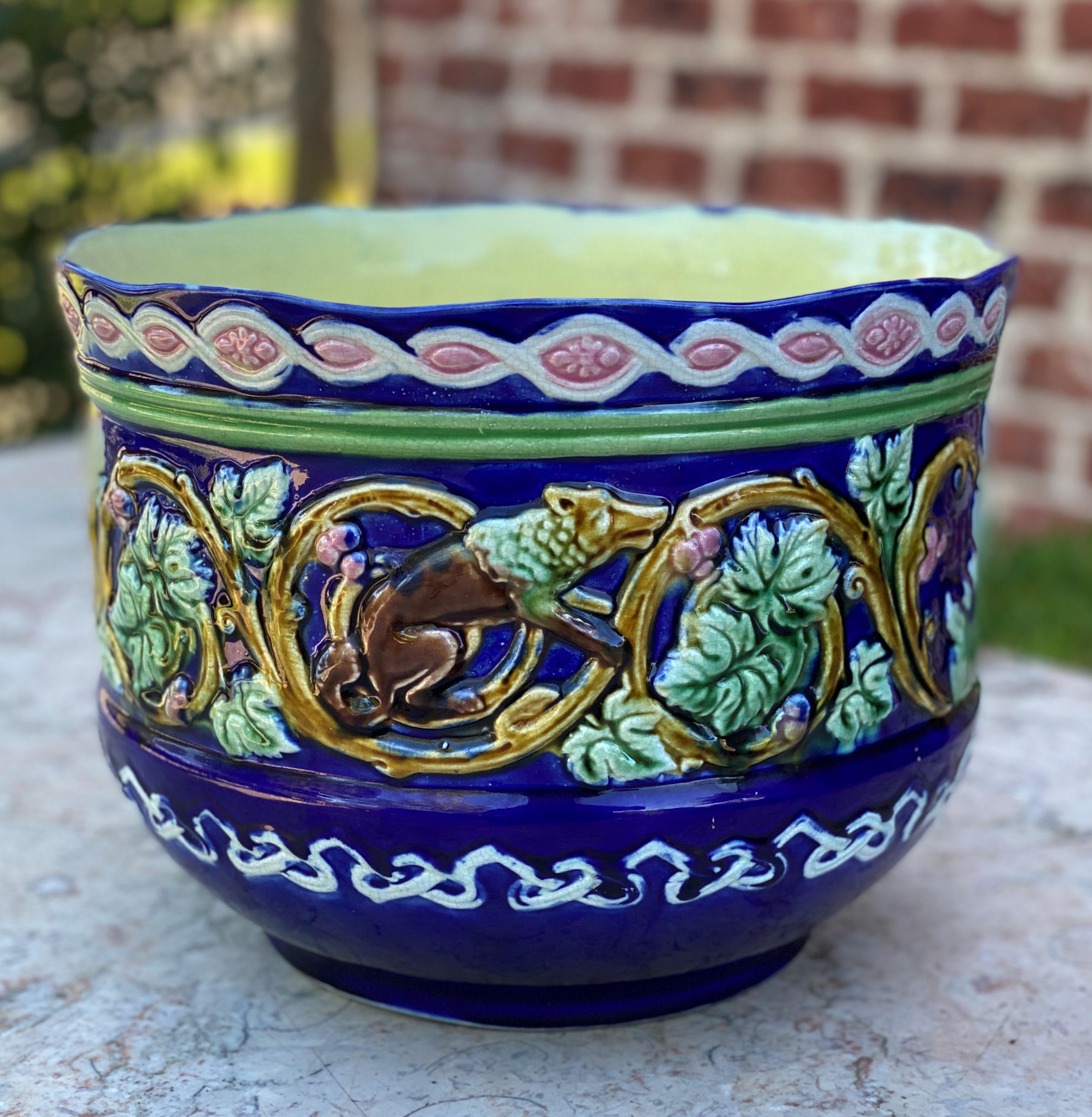 Pottery Antique French Majolica Planter Cache Pot Jardiniere Vase Bowl Blue Floral Large