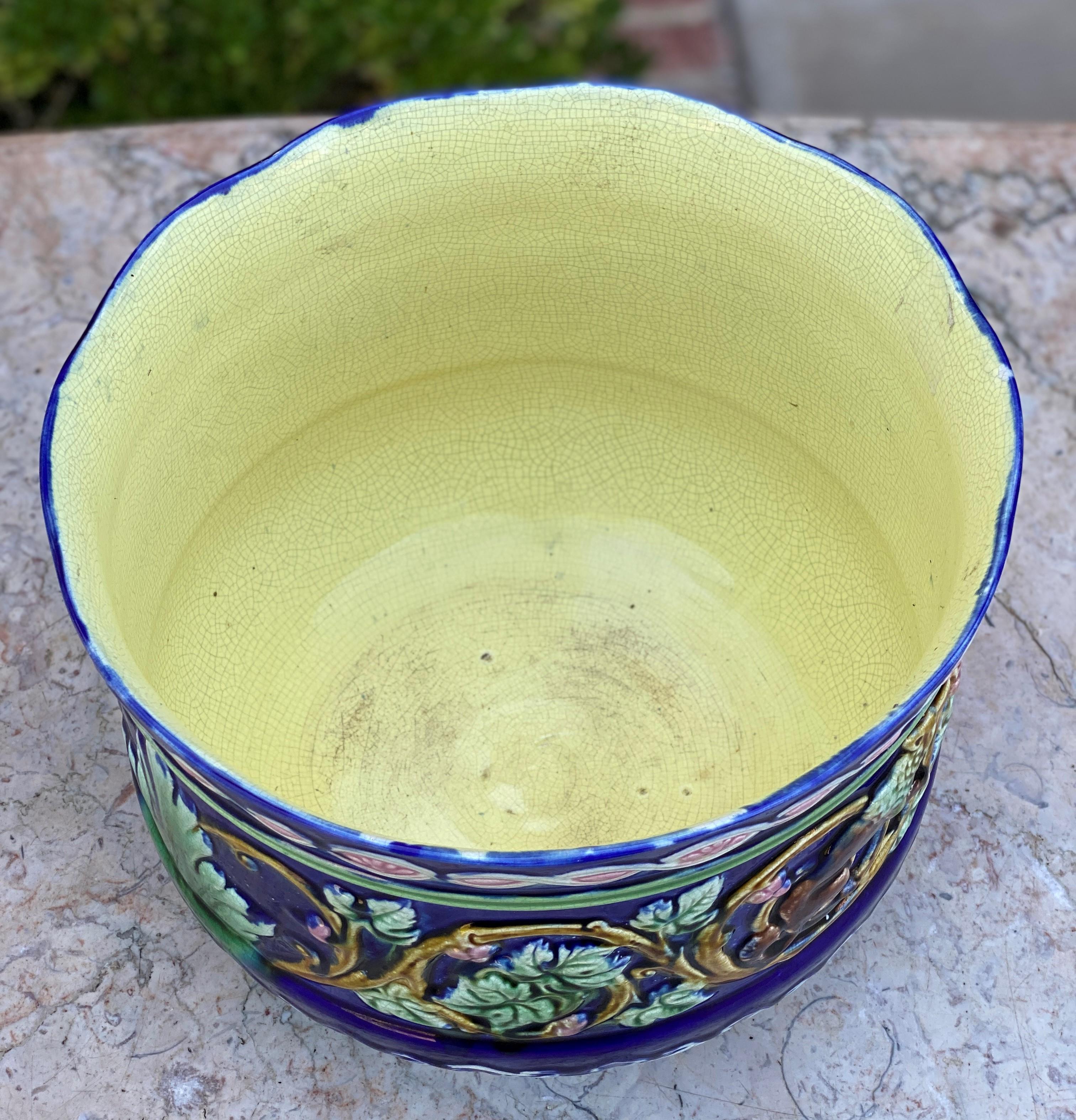 Antique French Majolica Planter Cache Pot Jardiniere Vase Bowl Blue Floral Large 2