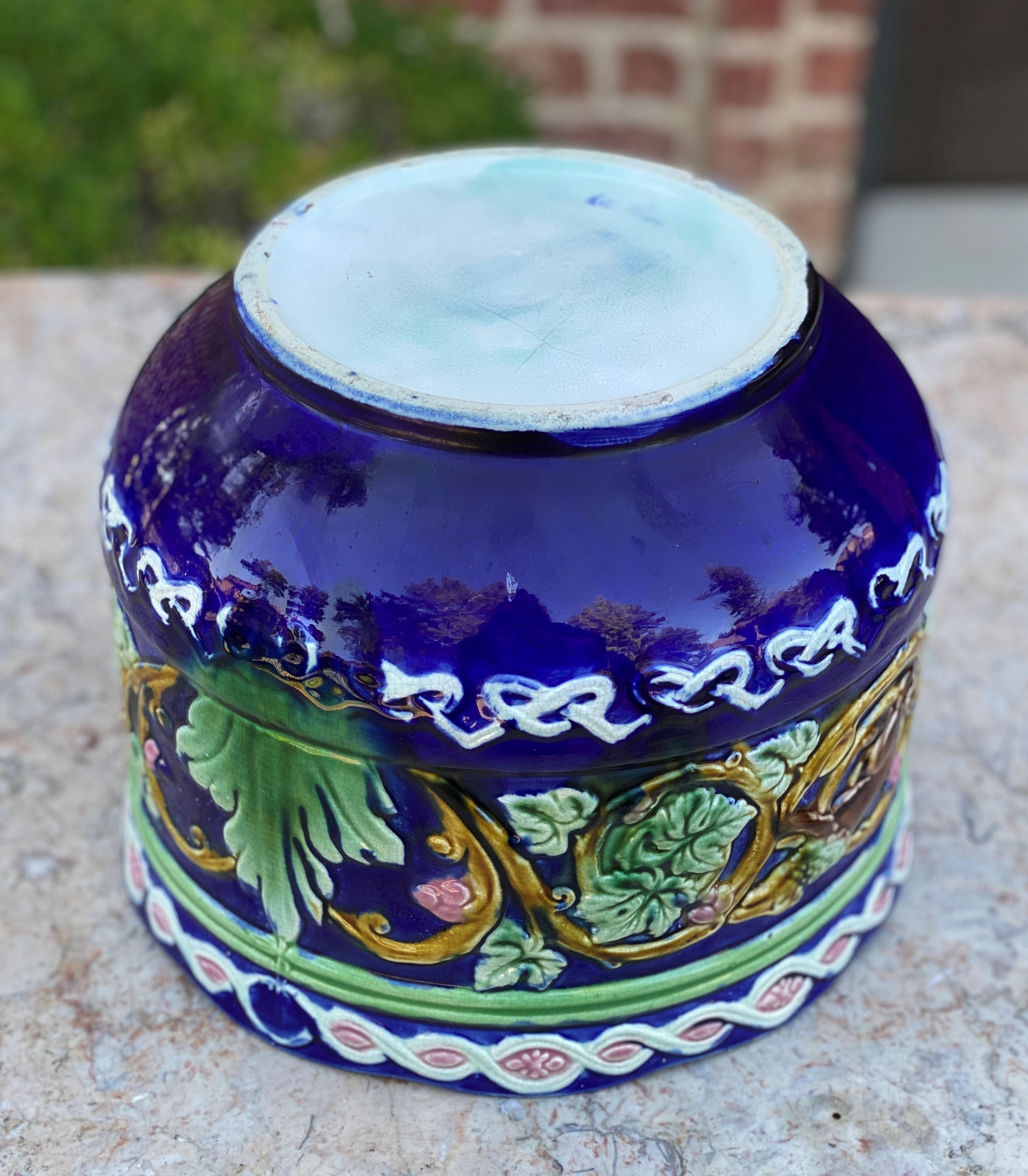 Antique French Majolica Planter Cache Pot Jardiniere Vase Bowl Blue Floral Large 3