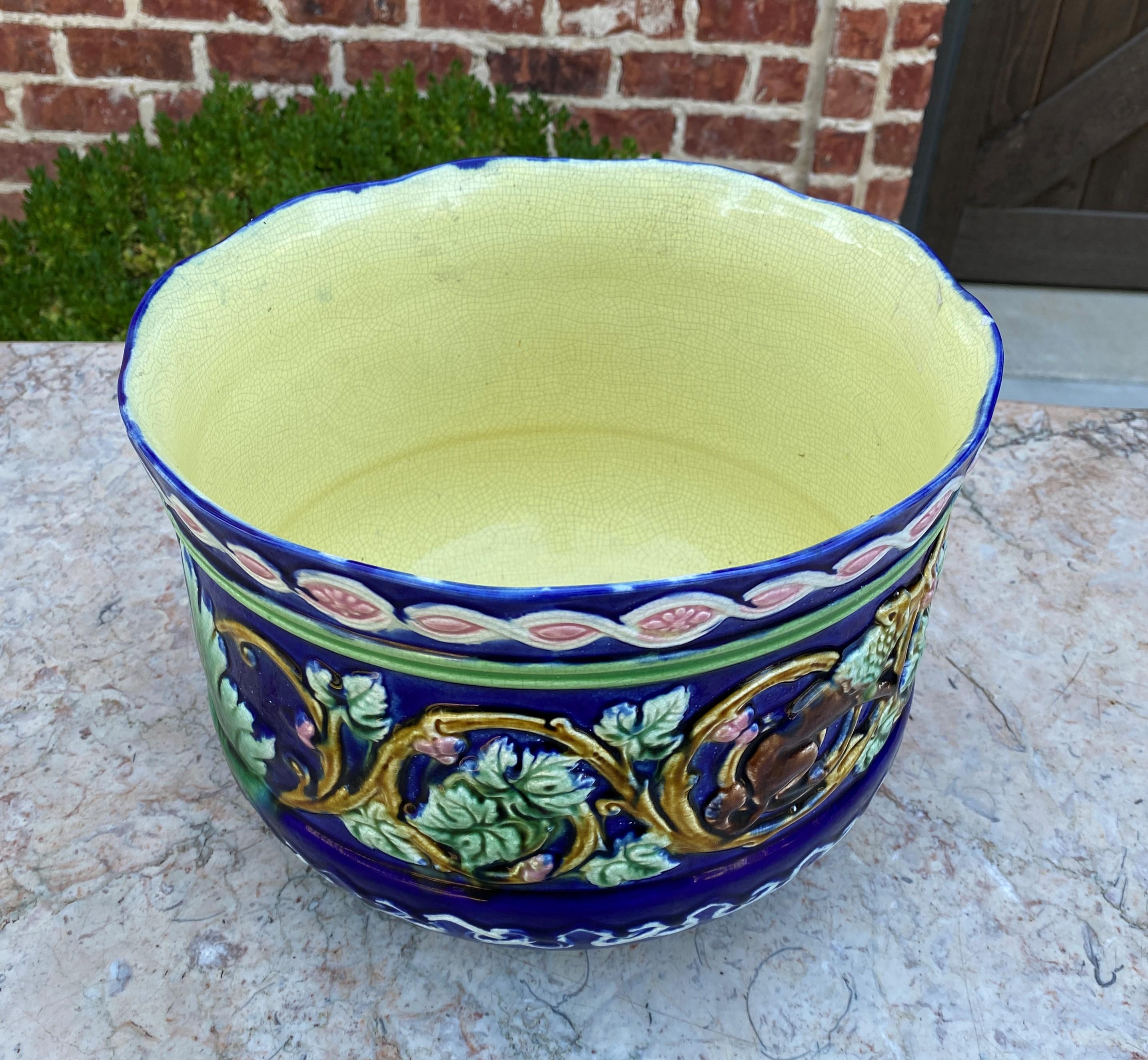 Art Nouveau Antique French Majolica Planter Cache Pot Jardiniere Vase Bowl Blue Floral Large
