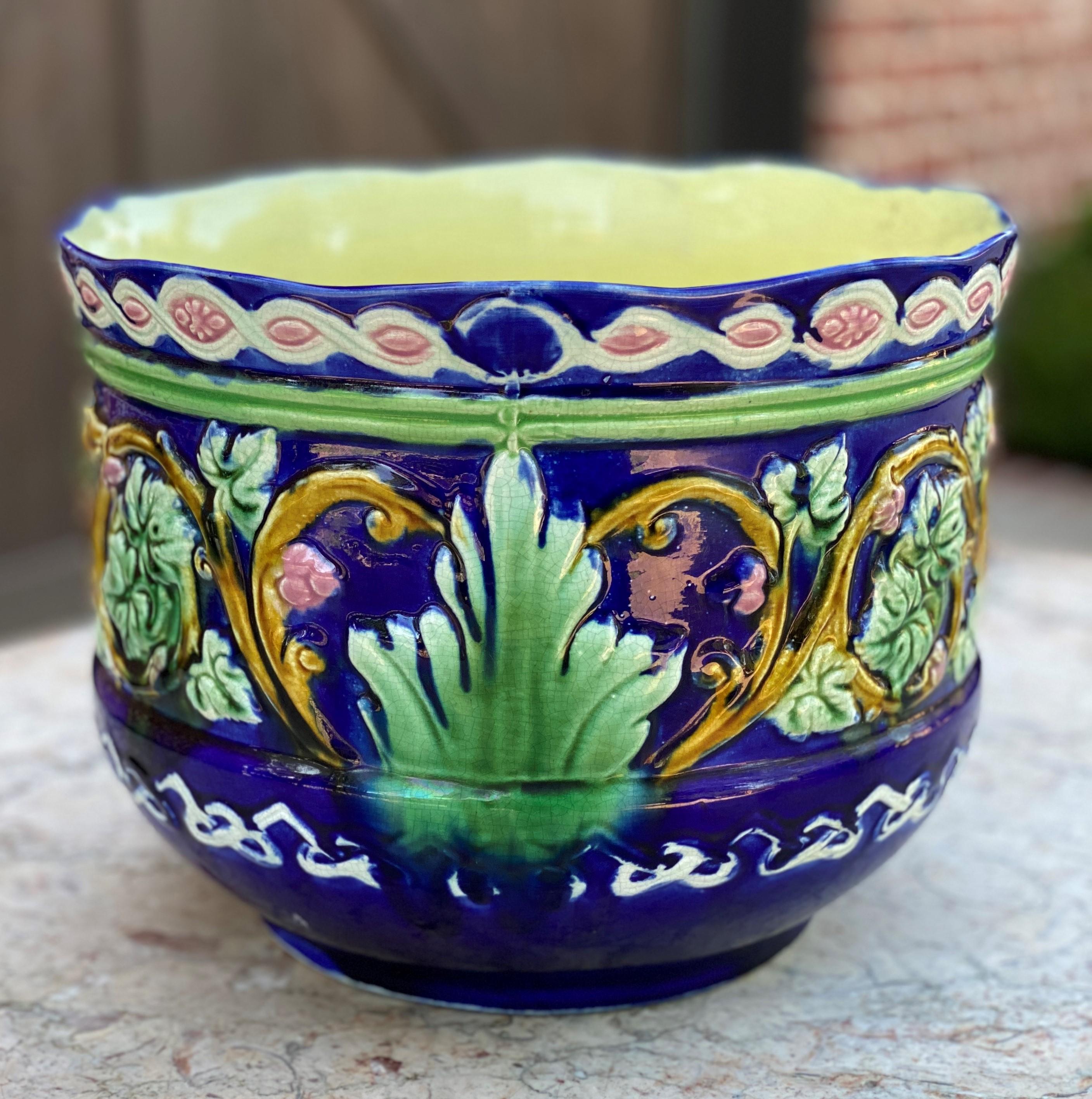 Early 20th Century Antique French Majolica Planter Cache Pot Jardiniere Vase Bowl Blue Floral Large