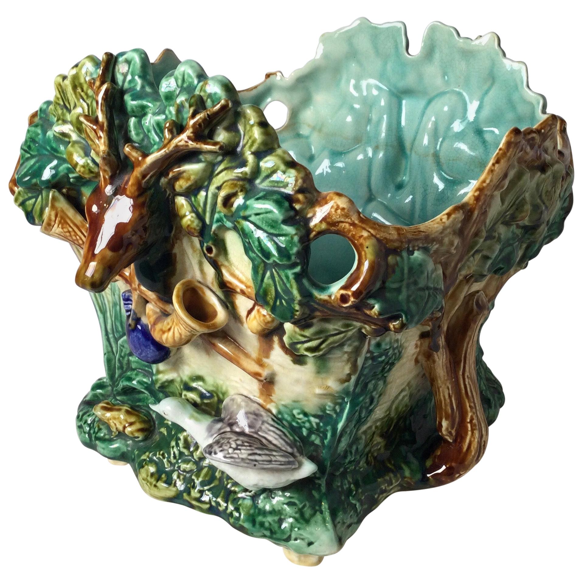 Antique French Majolica Planter with Stag Motif