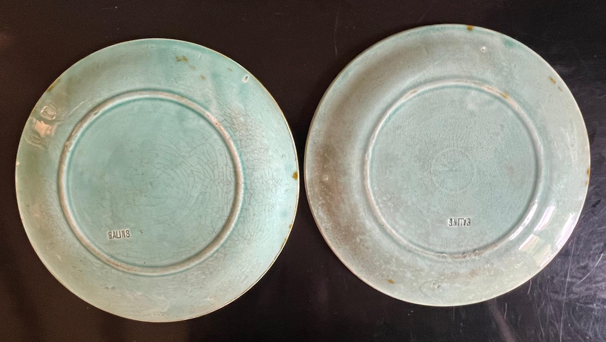 Antique French Majolica Plates by Salins, Set di 2, c.C. in vendita 3