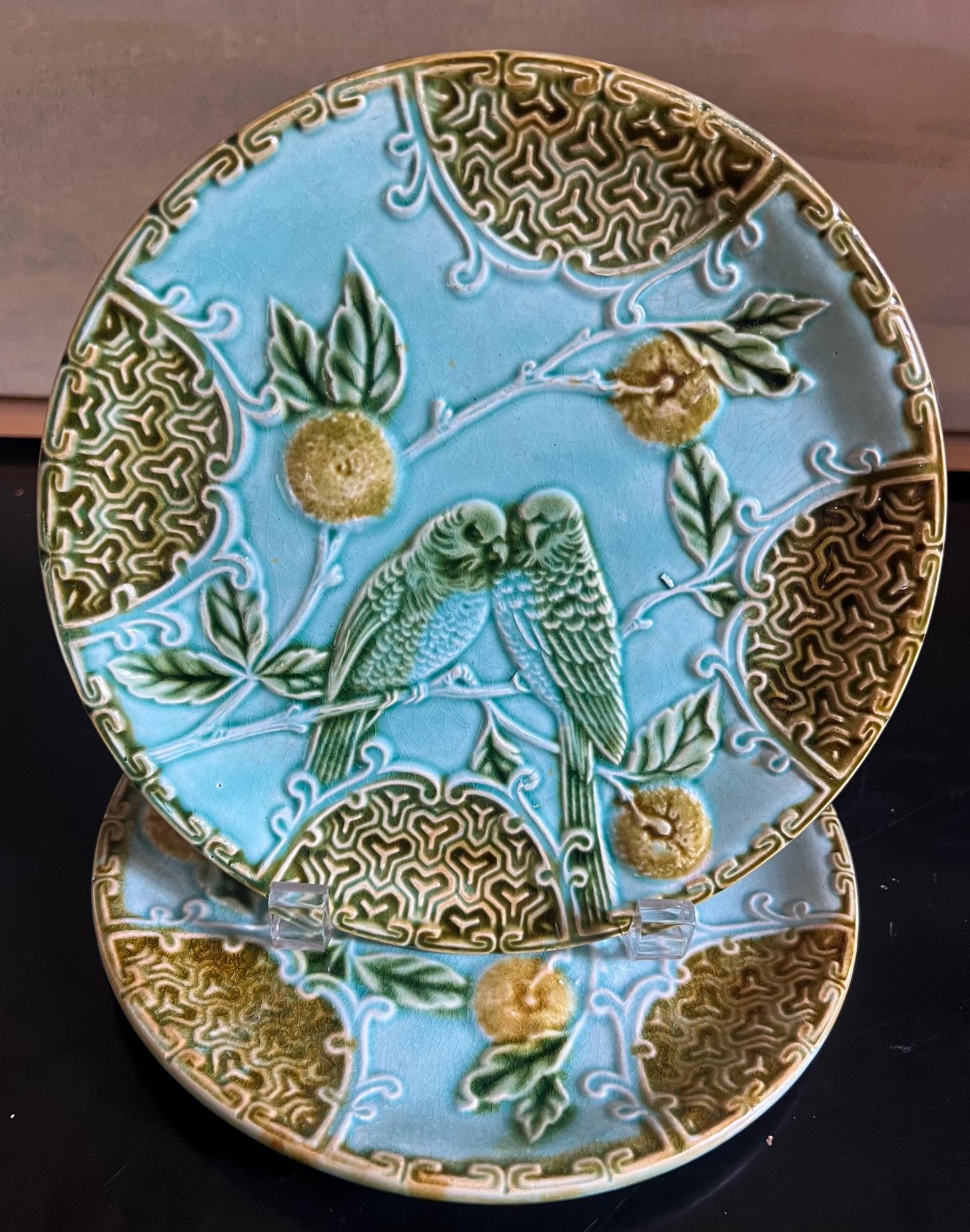 Art Nouveau Antique French Majolica Plates by Salins, Set di 2, c.C. in vendita