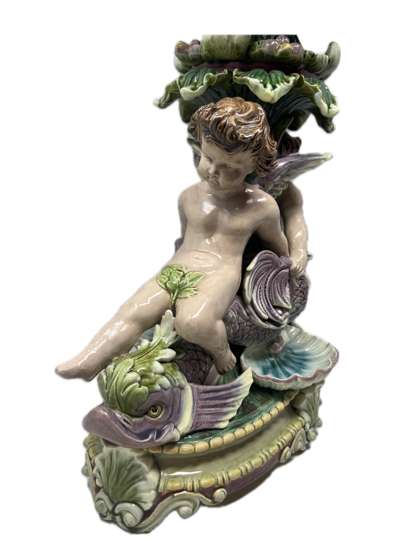 Substantial Size Antique French Majolica Porcelain Hand-Painted Centerpiece with Putti, Circa 1890-1910.