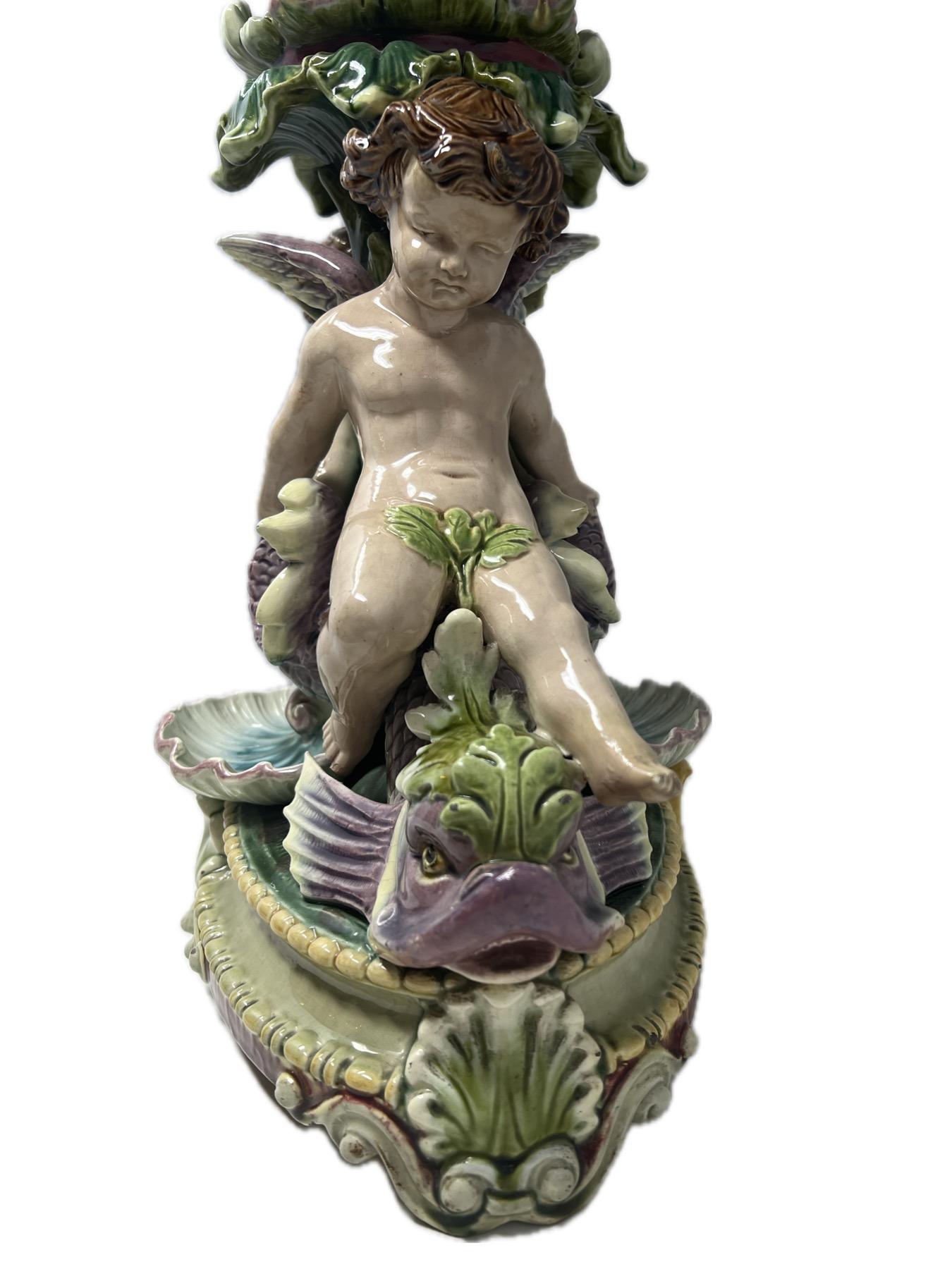 Antique French Majolica Porcelain Hand-Painted Centerpiece with Putti Circa 1900 In Good Condition For Sale In New Orleans, LA