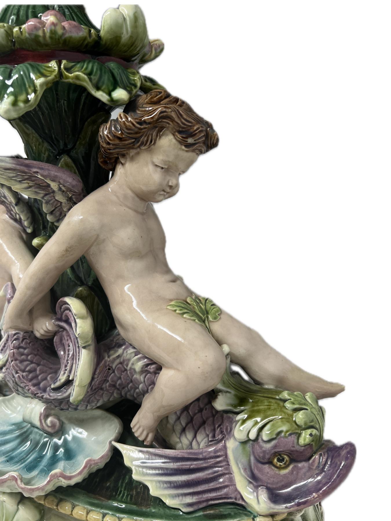 19th Century Antique French Majolica Porcelain Hand-Painted Centerpiece with Putti Circa 1900 For Sale