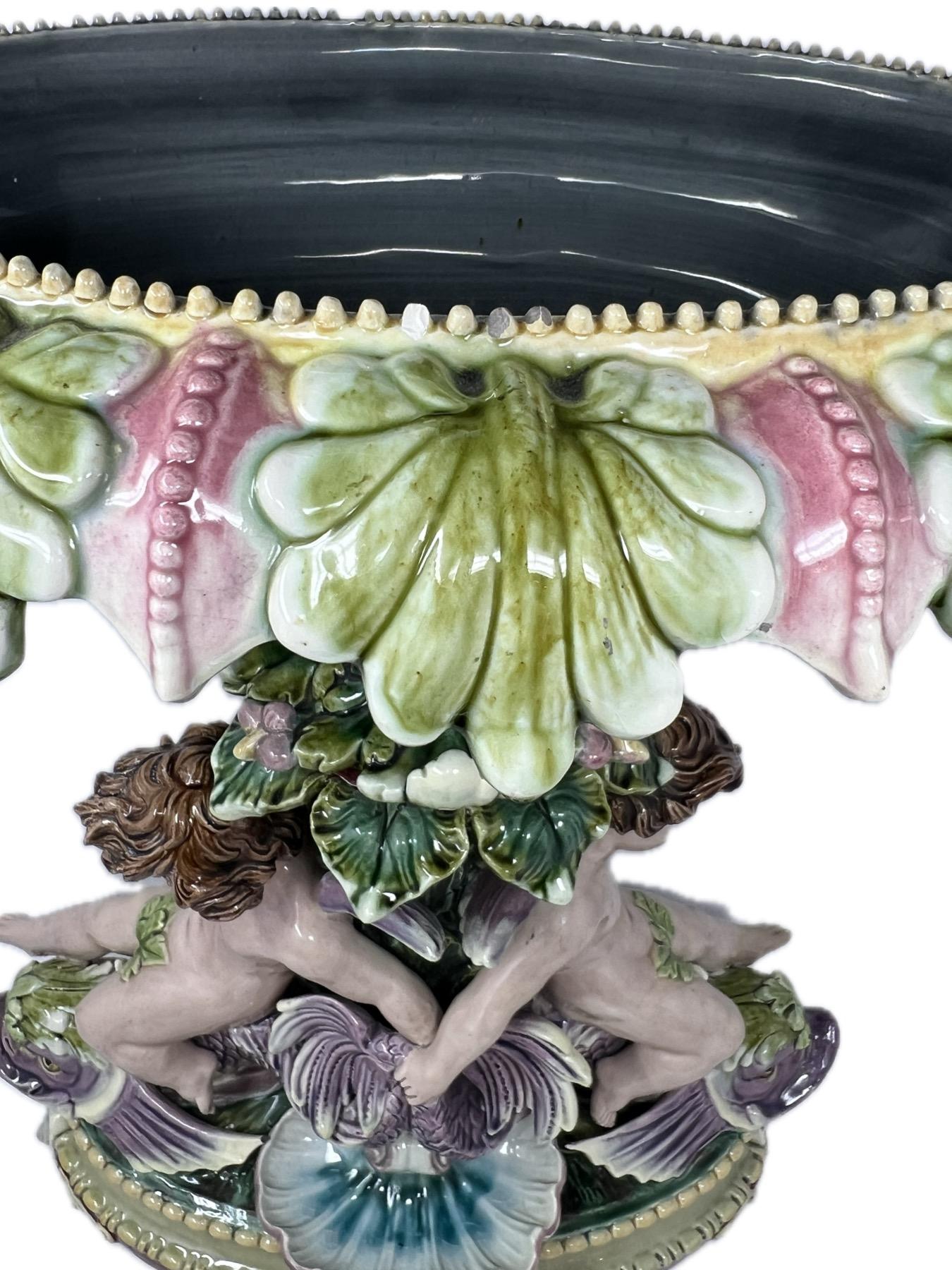 Antique French Majolica Porcelain Hand-Painted Centerpiece with Putti Circa 1900 For Sale 1