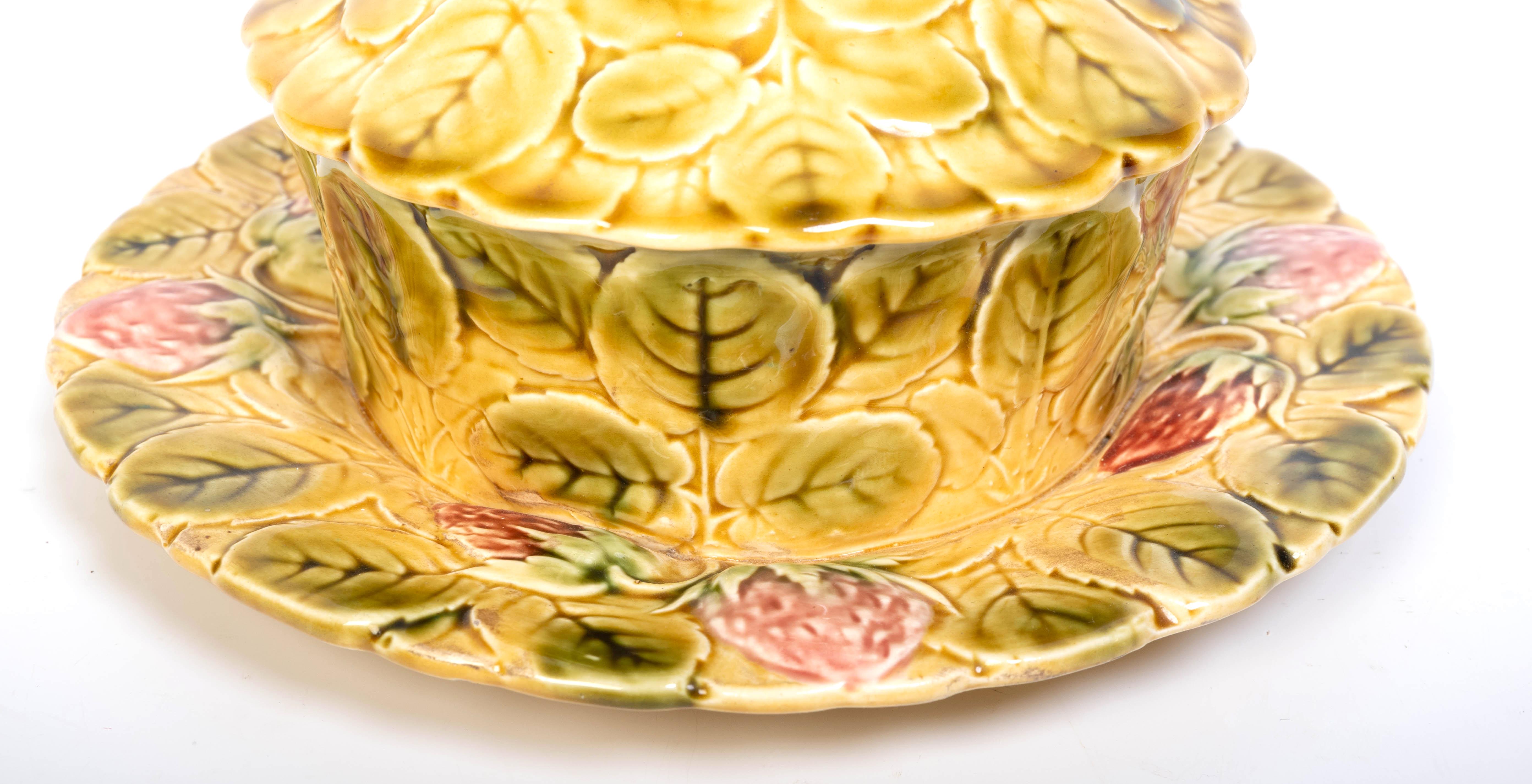 Antique French Majolica Sarreguemines Preserve Pot C.1920 For Sale 4