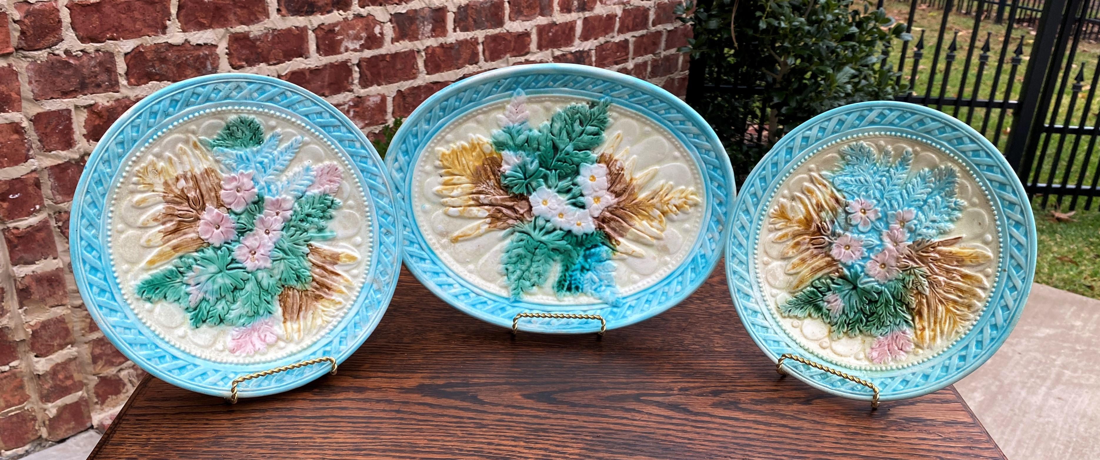 Porcelain Antique French Majolica Set of 3 Plates Platter Floral Pastel Green Pink Blue For Sale