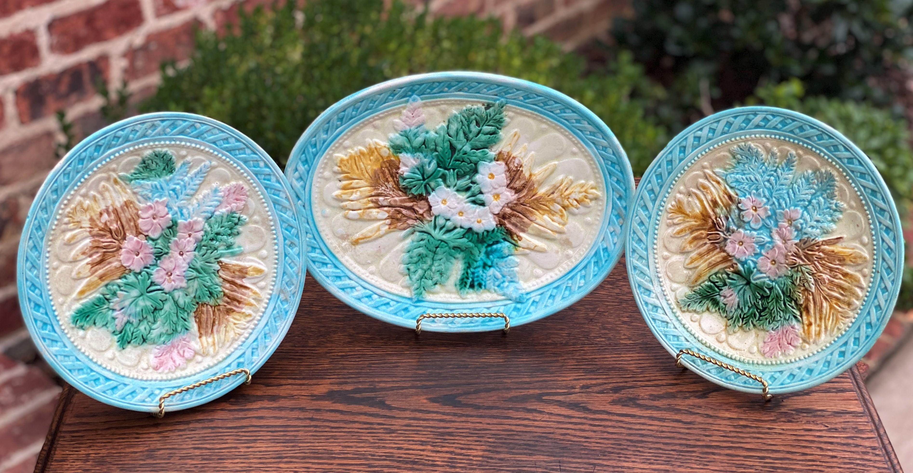 Victorian Antique French Majolica Set of 3 Plates Platter Floral Pastel Green Pink Blue For Sale