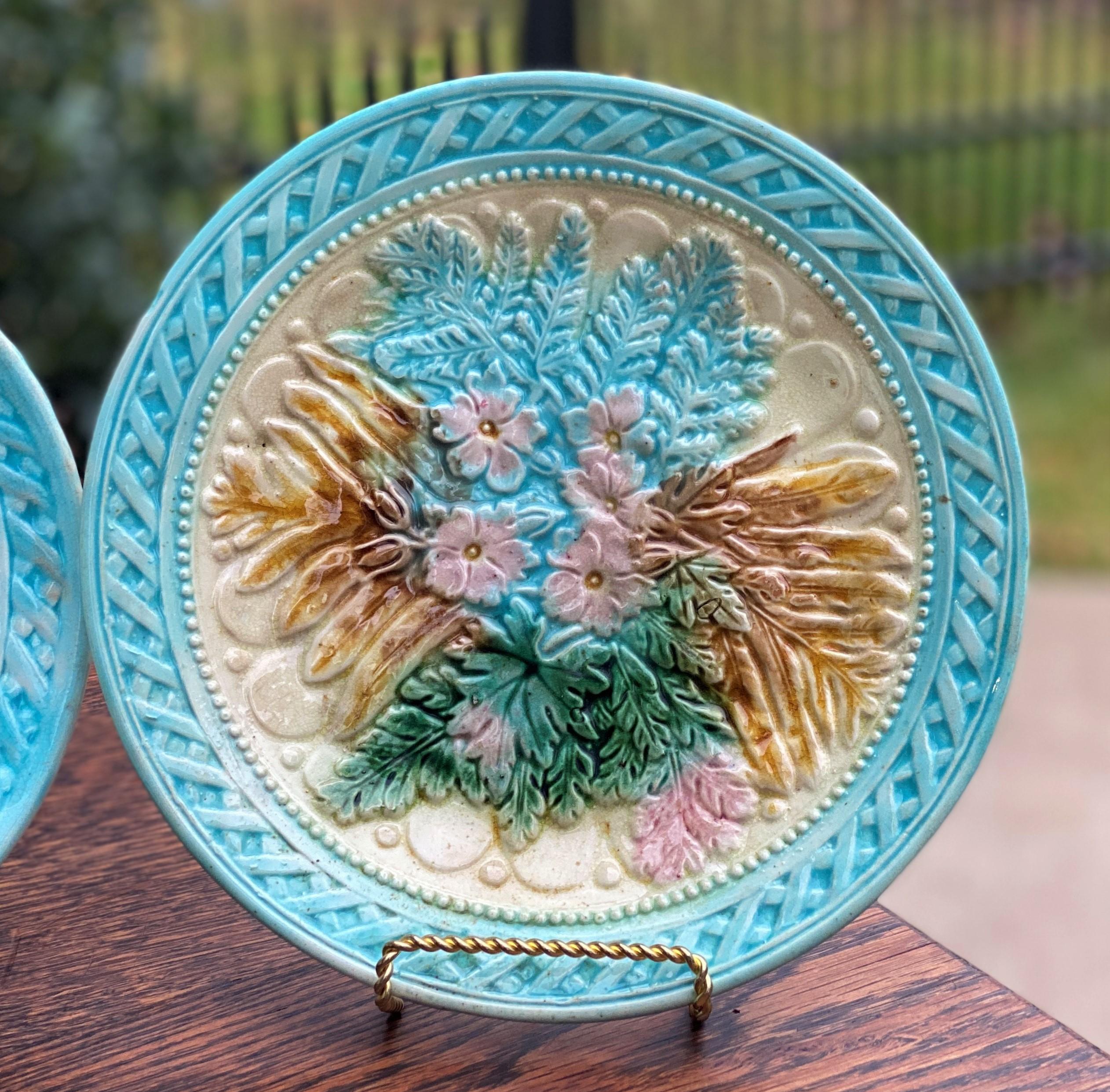Fired Antique French Majolica Set of 3 Plates Platter Floral Pastel Green Pink Blue For Sale