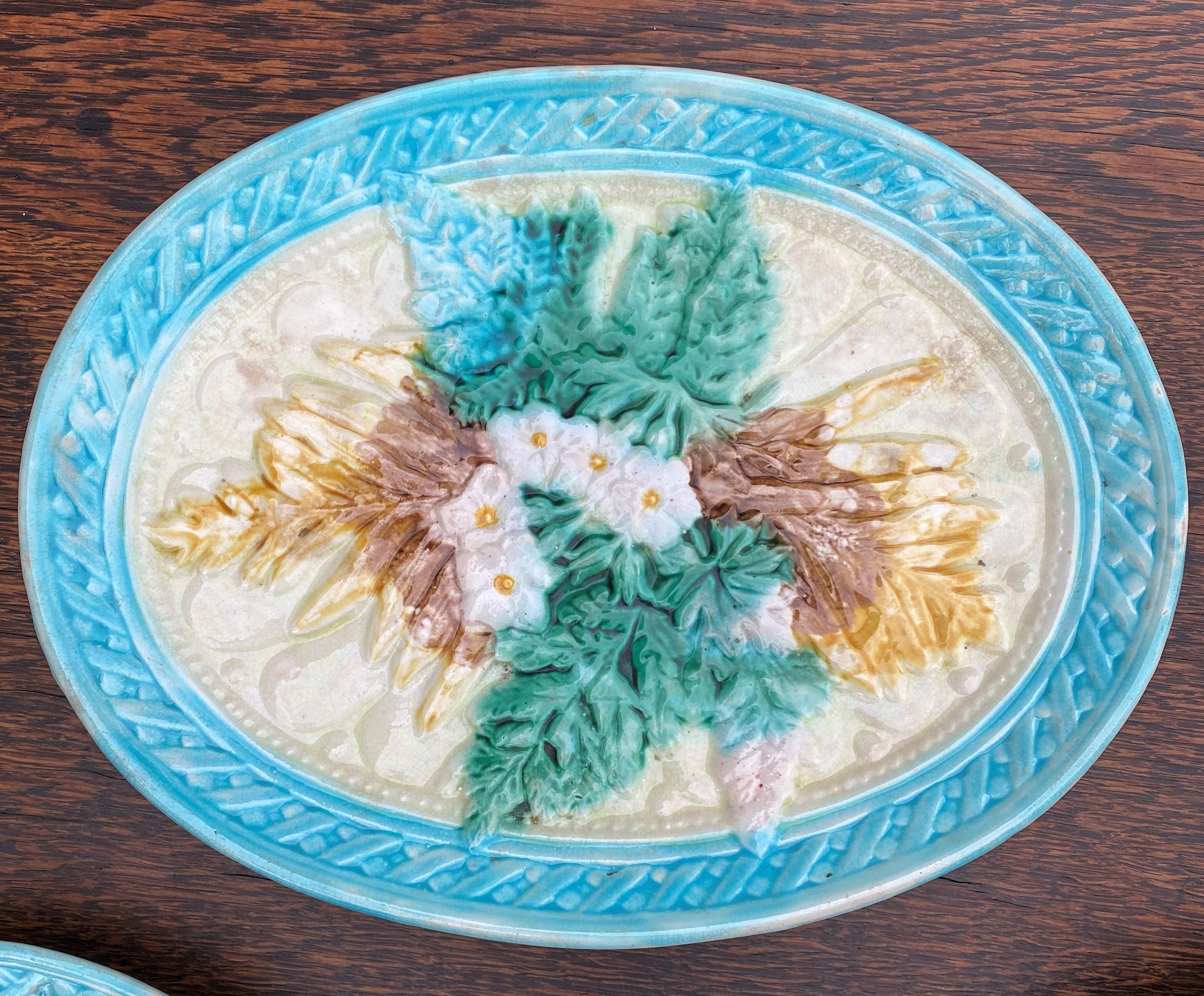 19th Century Antique French Majolica Set of 3 Plates Platter Floral Pastel Green Pink Blue For Sale