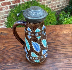 Antique French Majolica Stein Jug Pitcher Silver or Pewter Hinged Lid, c. 1900