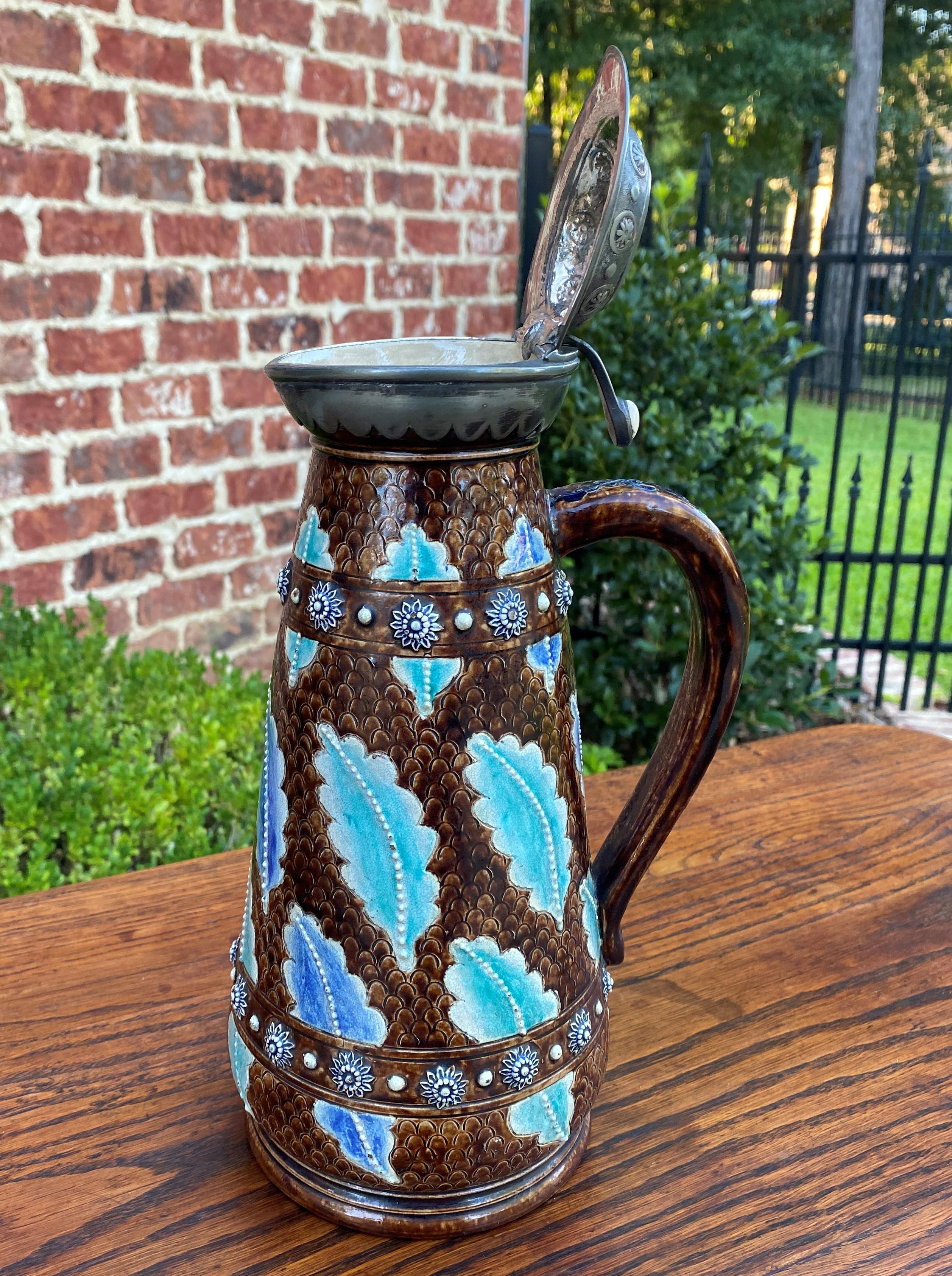 Antique French Majolica Stein Jug Pitcher Silver or Pewter Hinged Lid, c. 1900 In Good Condition For Sale In Tyler, TX