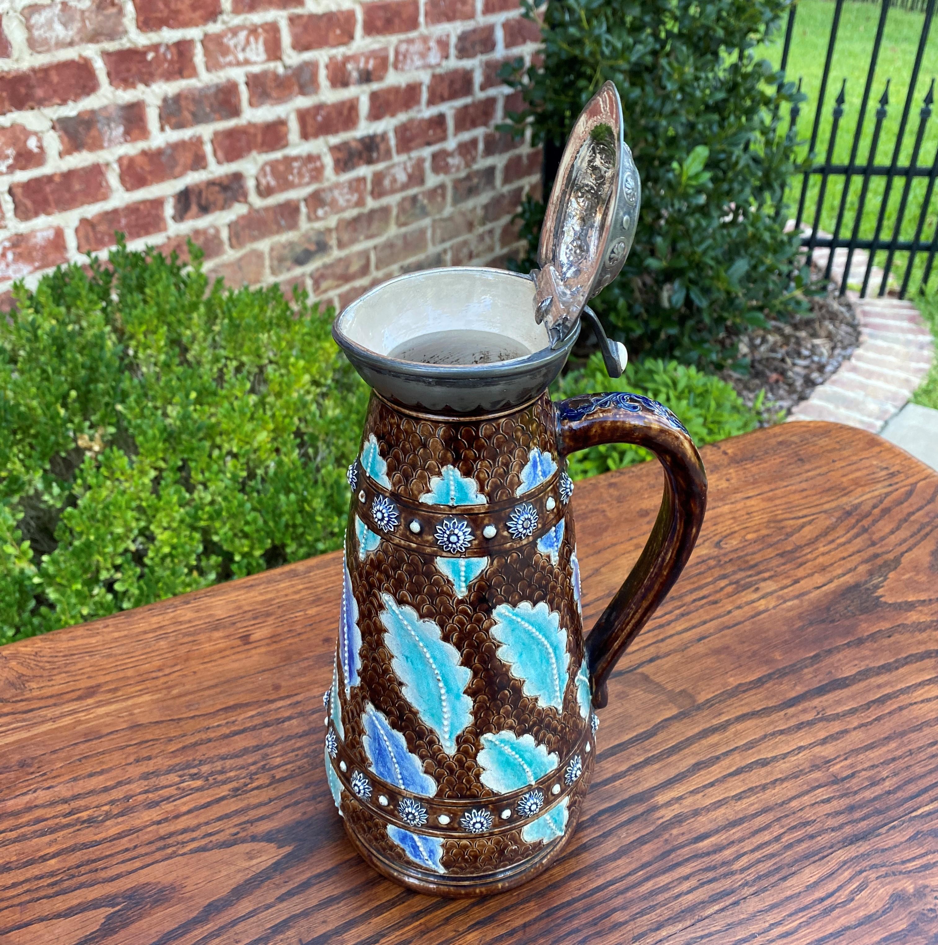 Early 20th Century Antique French Majolica Stein Jug Pitcher Silver or Pewter Hinged Lid, c. 1900 For Sale