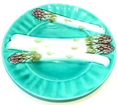 Antique French Majolica Turquoise Asparagus Plate, Luneville Set of Two