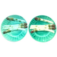 Antique French Majolica Turquoise Asparagus Plate, Luneville Set of Two