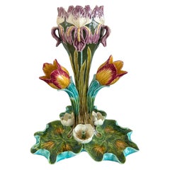 Antique French Majolica Vase Centerpiece Onnaing Art Nouveau Iris Tulip c1900