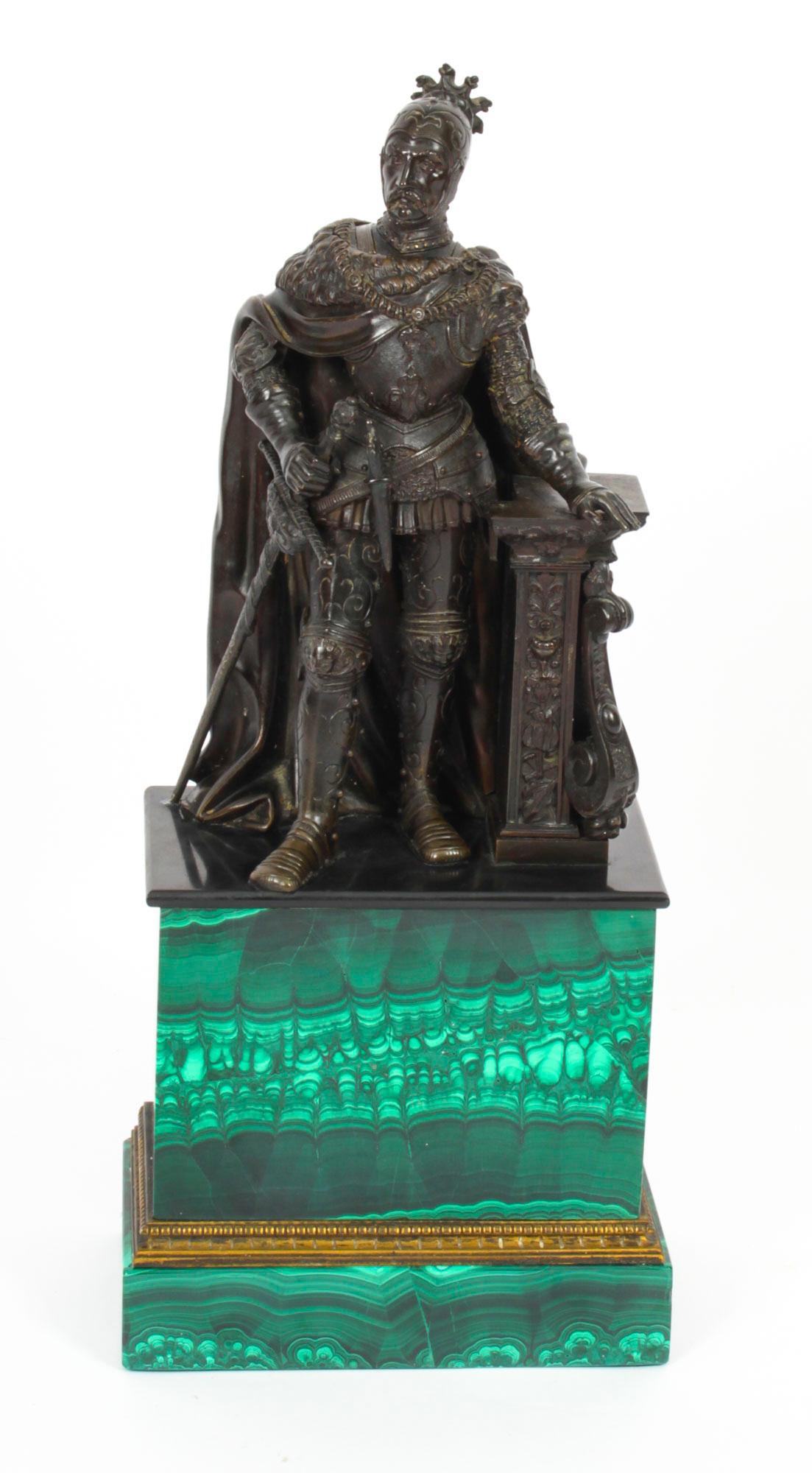 Antique French Malachite & Bronze Sculpture of a Knight in Armour, 19th C 8