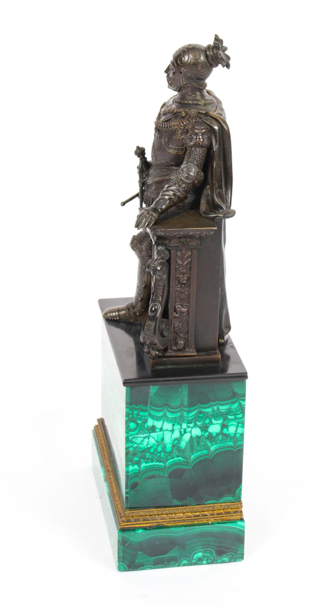 Antique French Malachite & Bronze Sculpture of a Knight in Armour, 19th C 10