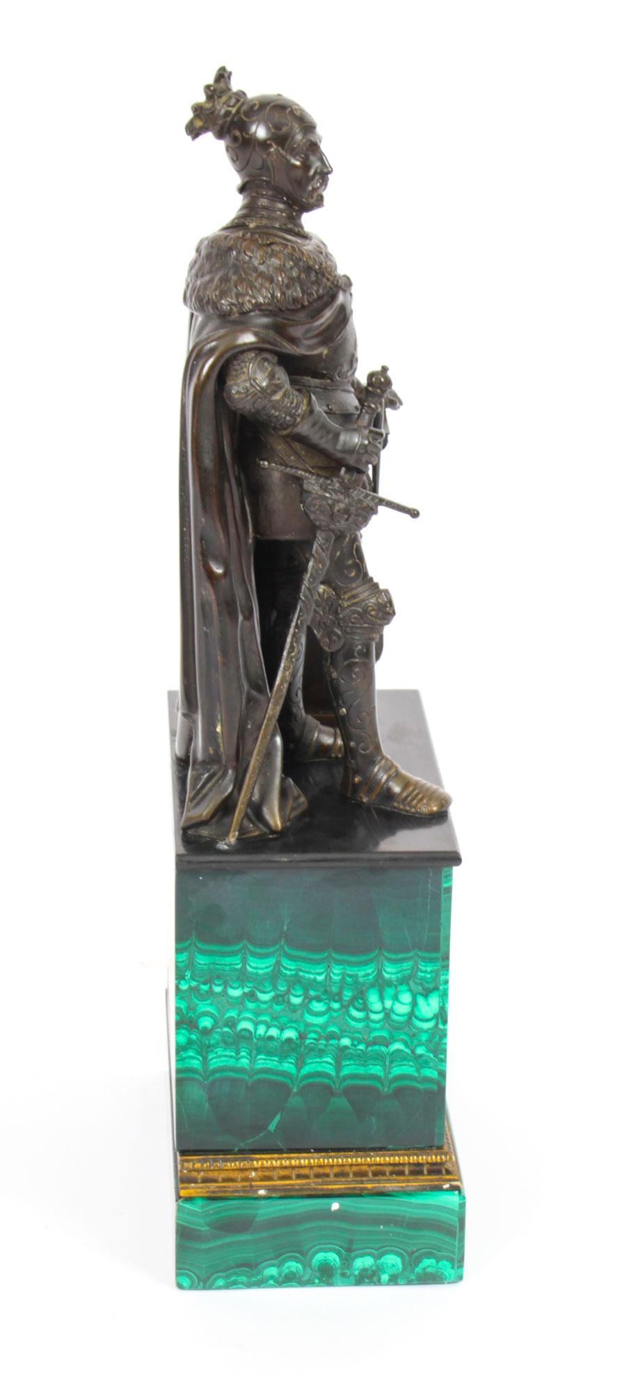 Antique French Malachite & Bronze Sculpture of a Knight in Armour, 19th C 11
