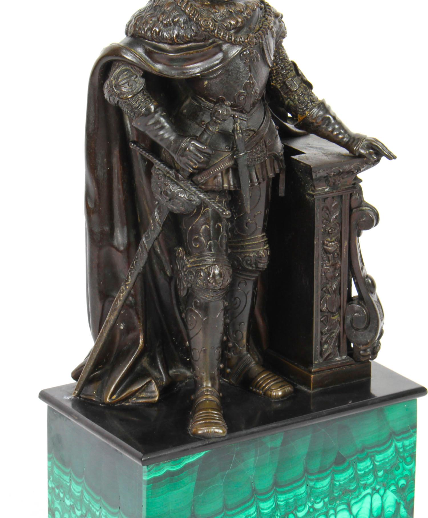 Mid-19th Century Antique French Malachite & Bronze Sculpture of a Knight in Armour, 19th C