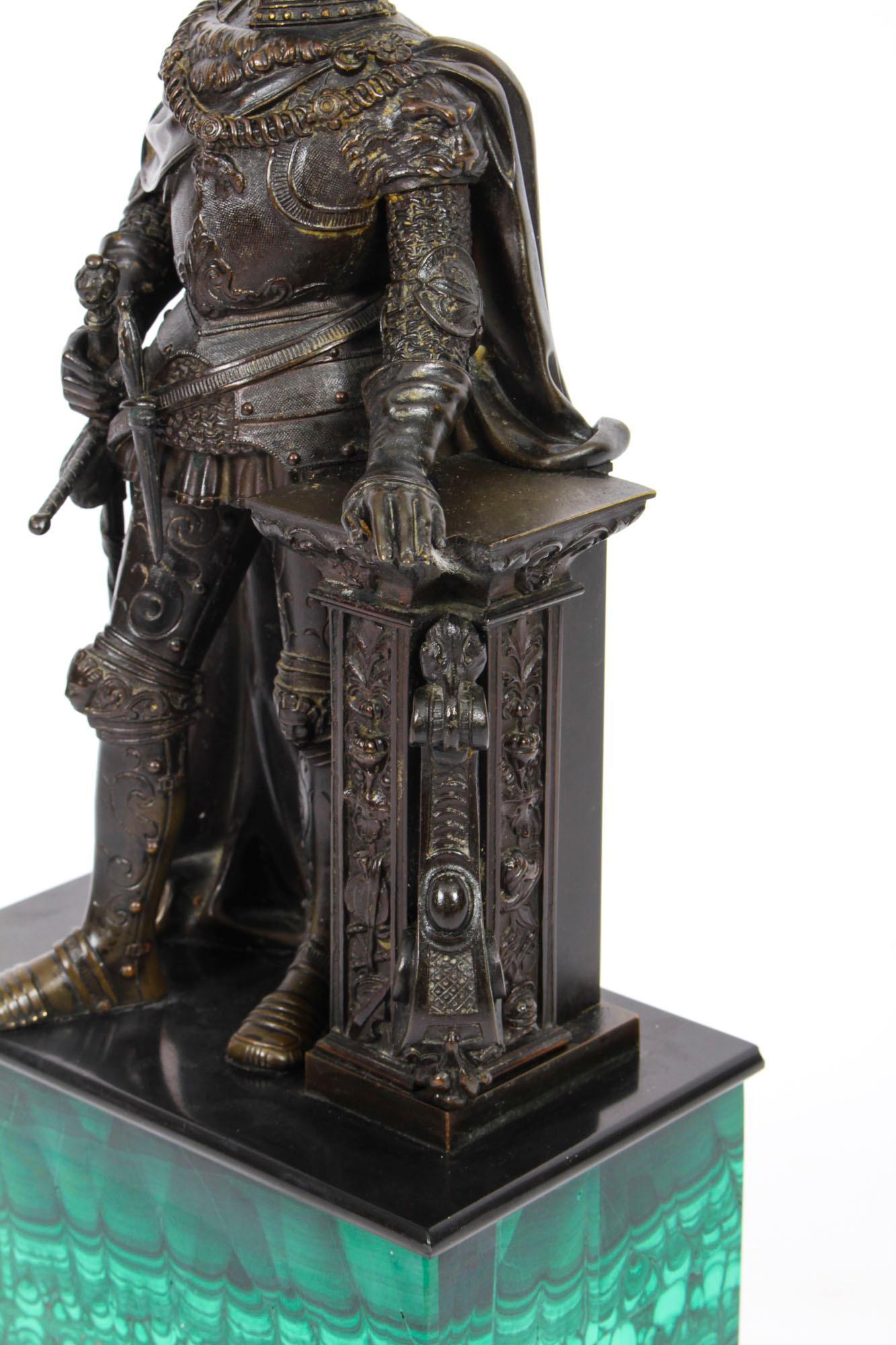 Antique French Malachite & Bronze Sculpture of a Knight in Armour, 19th C 1