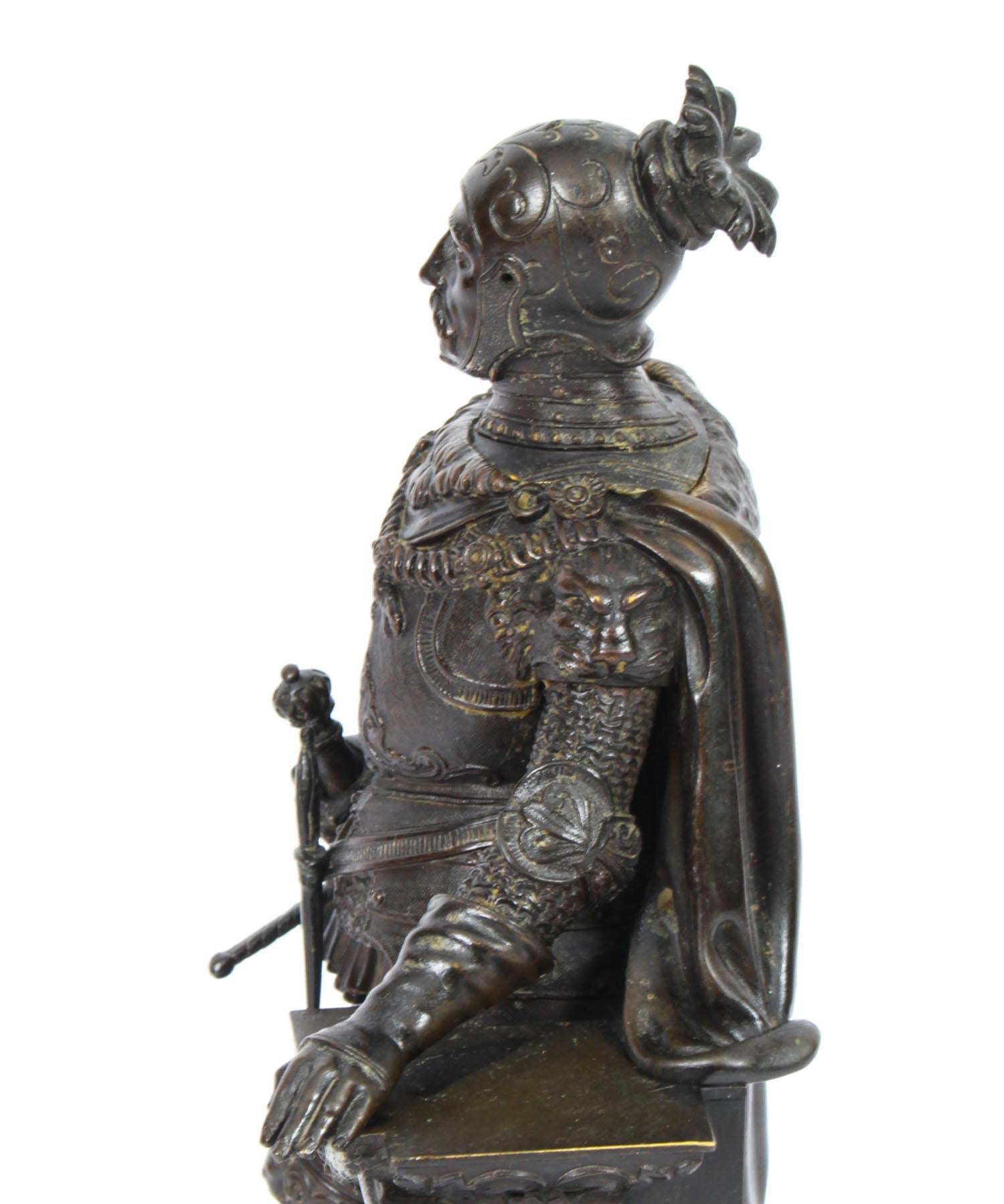 Antique French Malachite & Bronze Sculpture of a Knight in Armour, 19th C 4