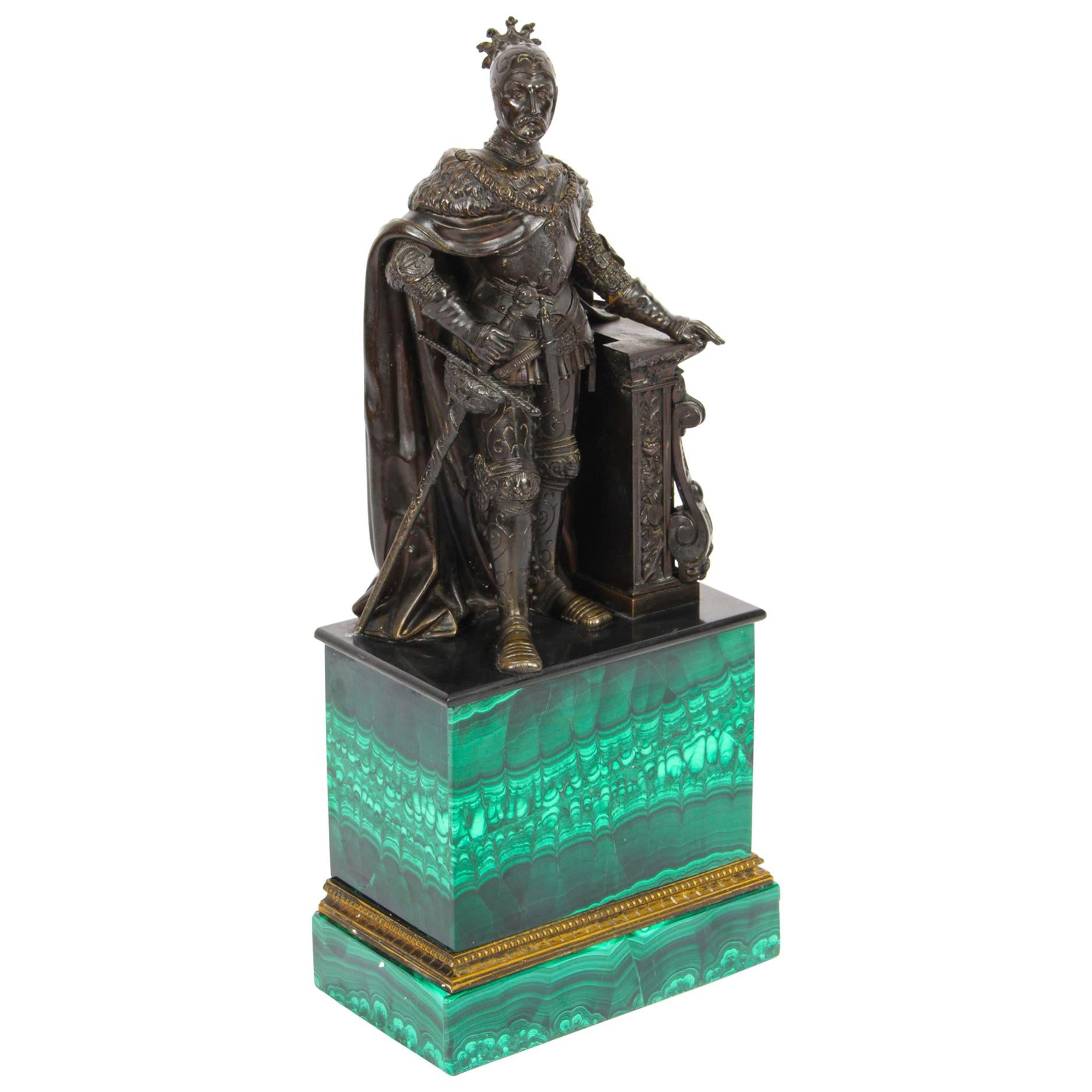 Antique French Malachite & Bronze Sculpture of a Knight in Armour, 19th C