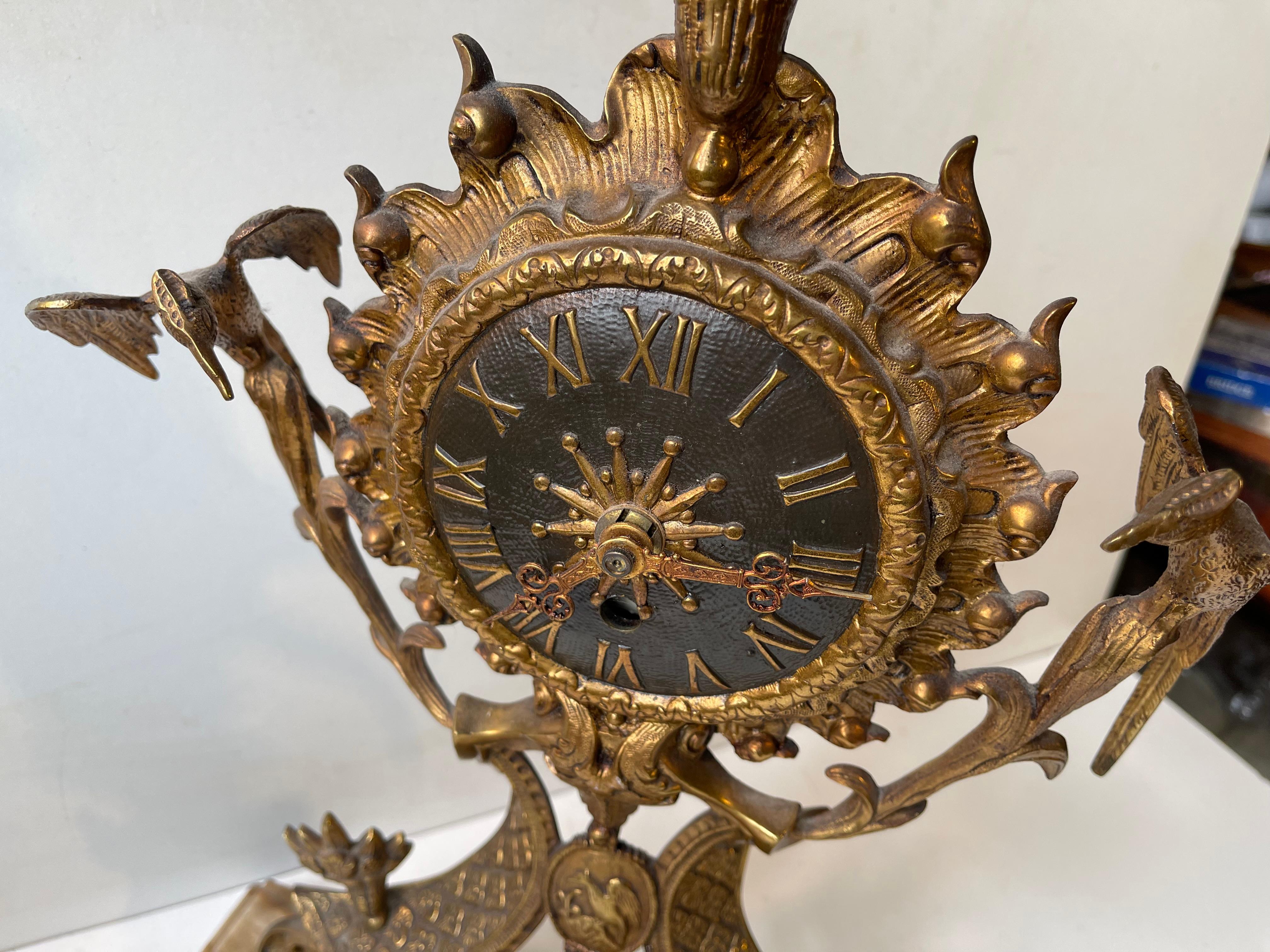 Antique French Mantel Clock in Gilt Brass & Marble, 19th century Eclecticism For Sale 3