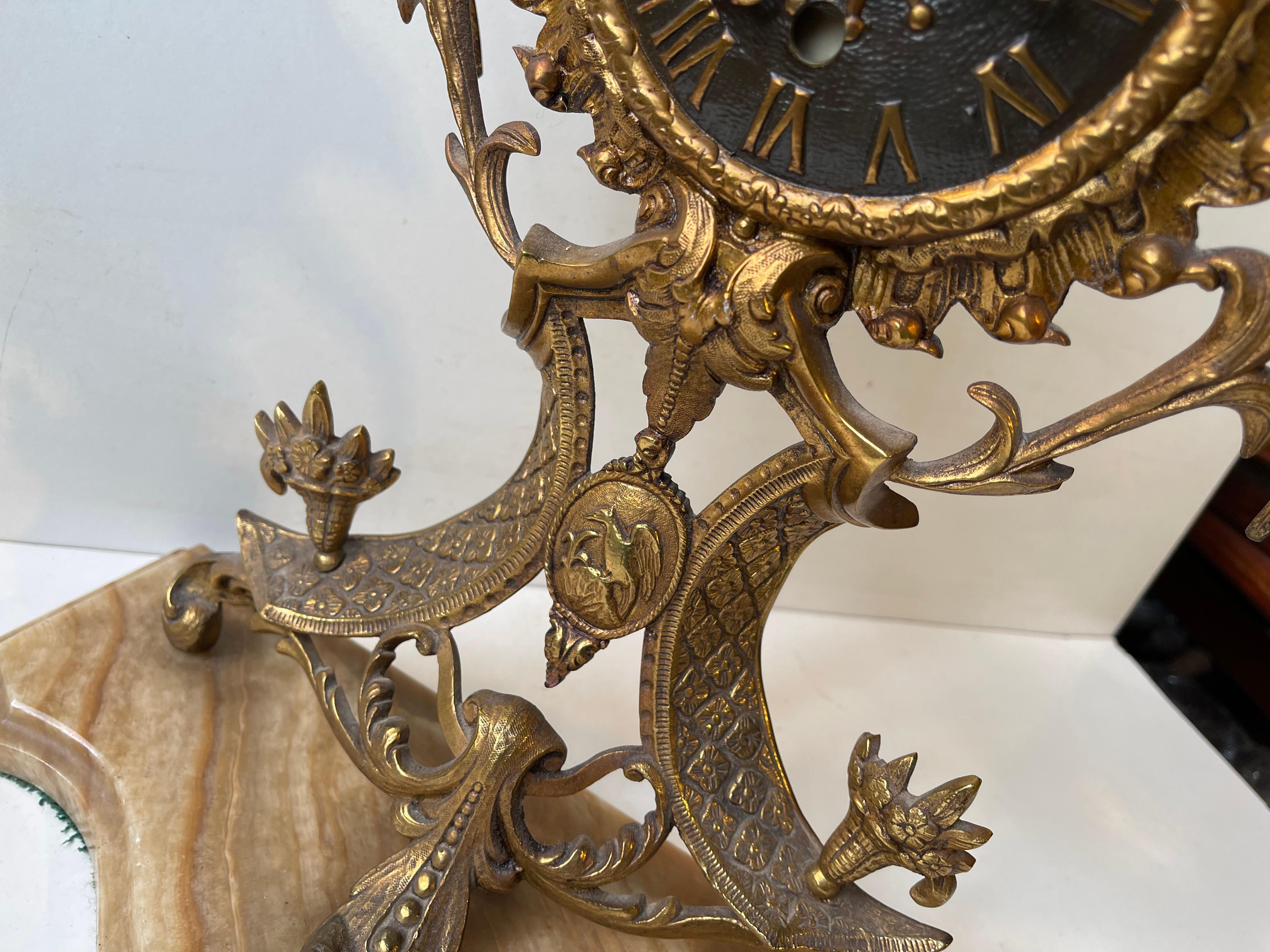 Antique French Mantel Clock in Gilt Brass & Marble, 19th century Eclecticism For Sale 4