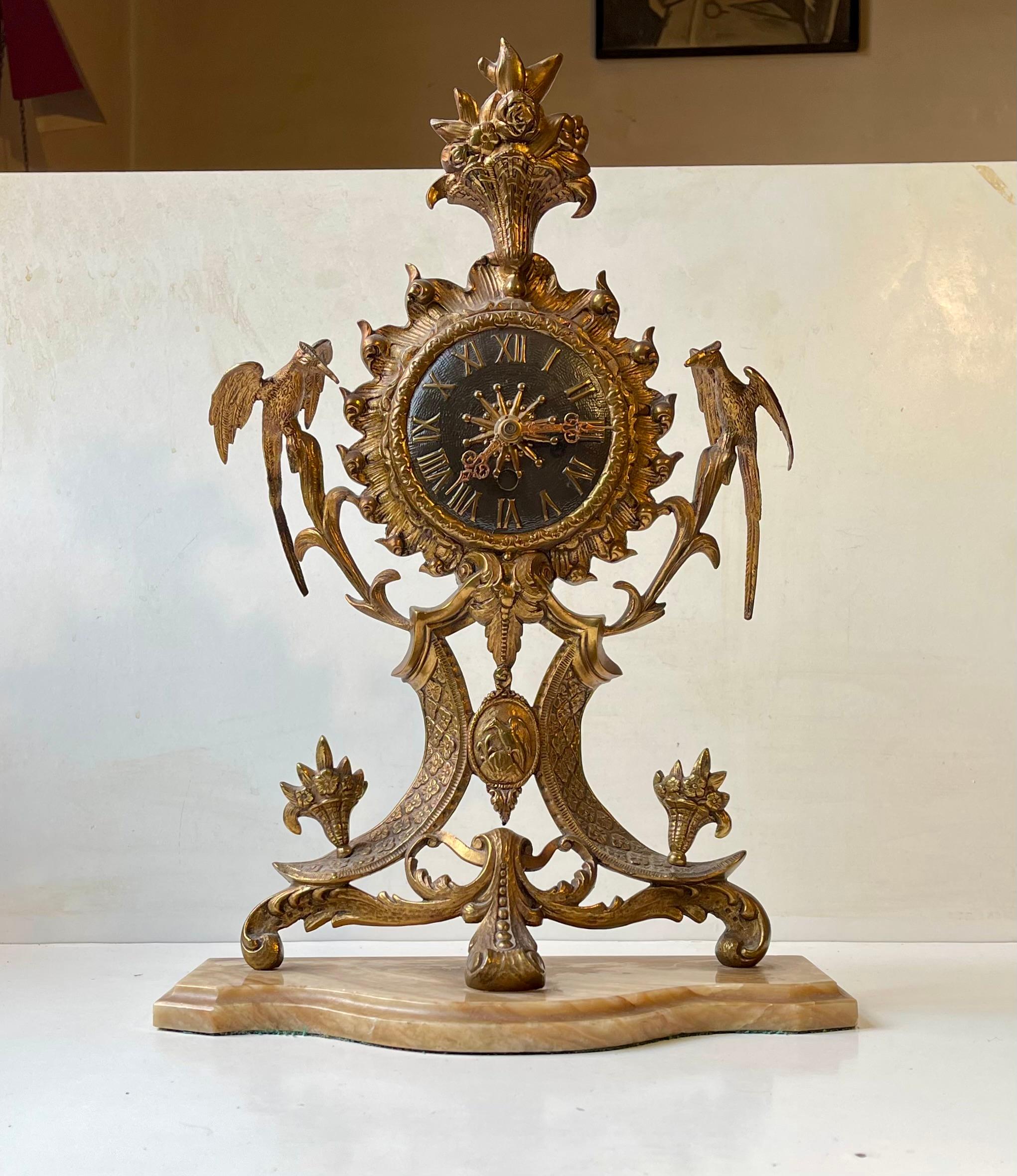 Rococo Revival Antique French Mantel Clock in Gilt Brass & Marble, 19th century Eclecticism For Sale