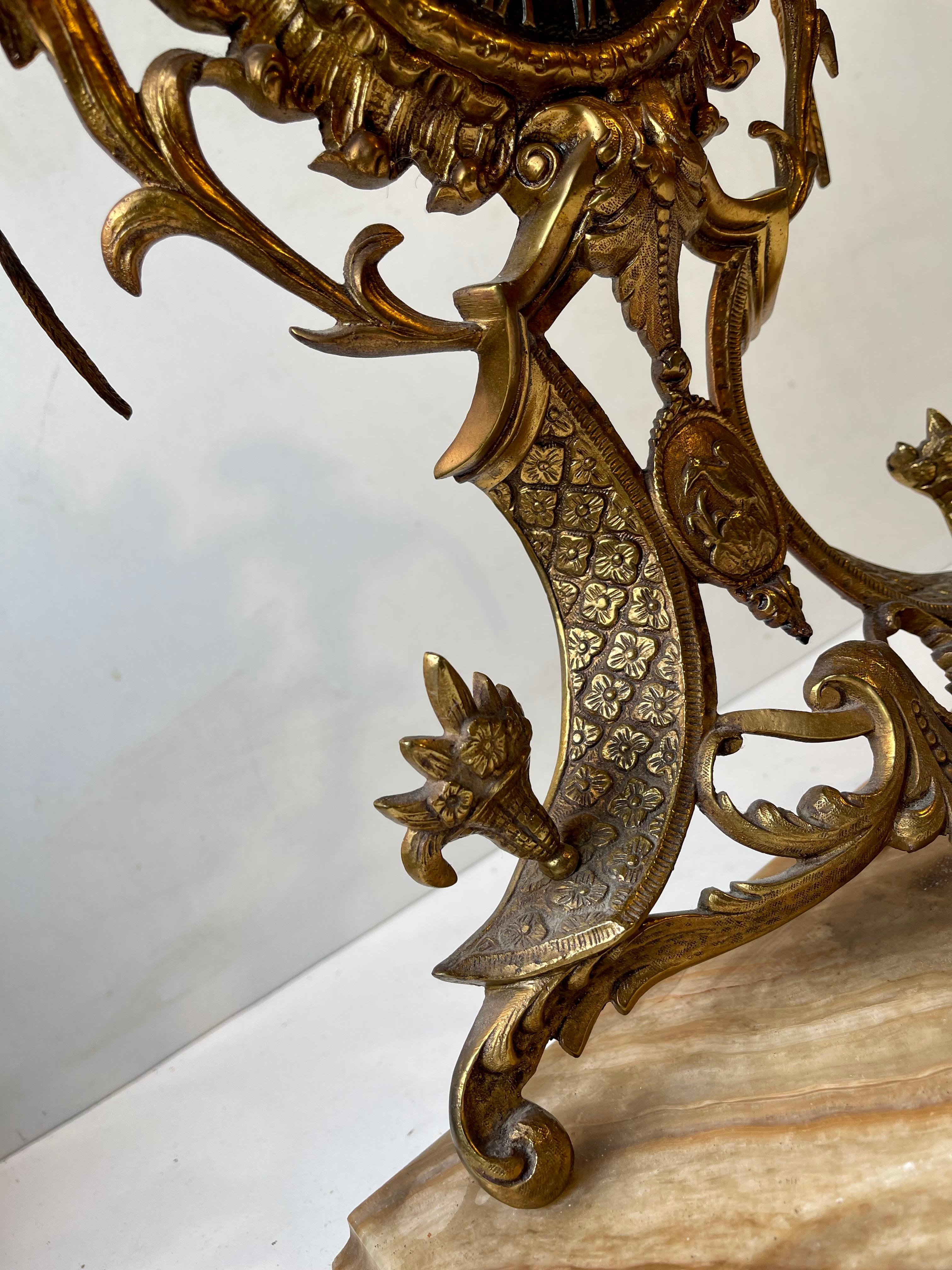20th Century Antique French Mantel Clock in Gilt Brass & Marble, 19th century Eclecticism For Sale