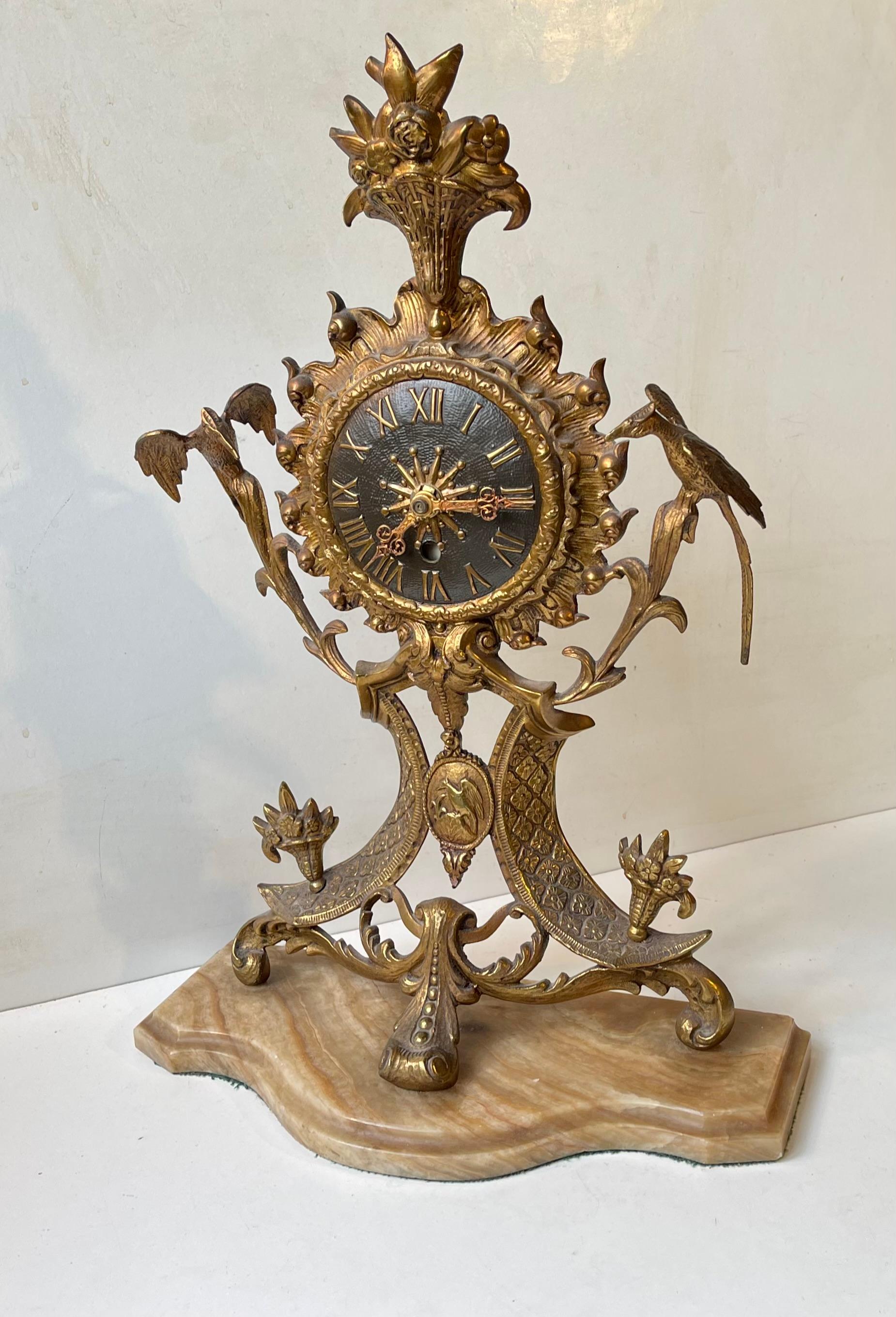 Gold Plate Antique French Mantel Clock in Gilt Brass & Marble, 19th century Eclecticism For Sale