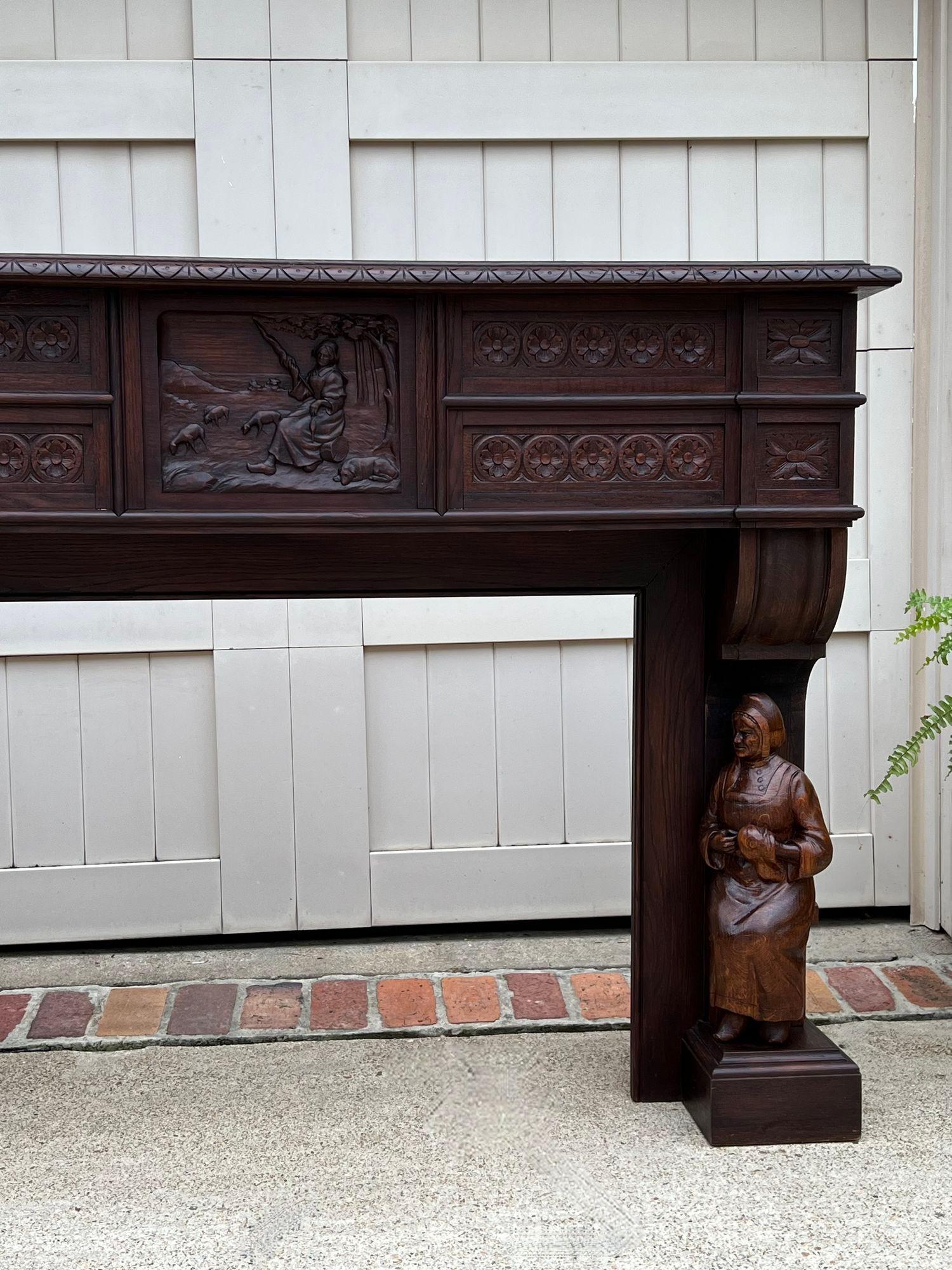 Antique French Mantel Fireplace Surround Breton Brittany Carved Dark Oak In Good Condition For Sale In Shreveport, LA