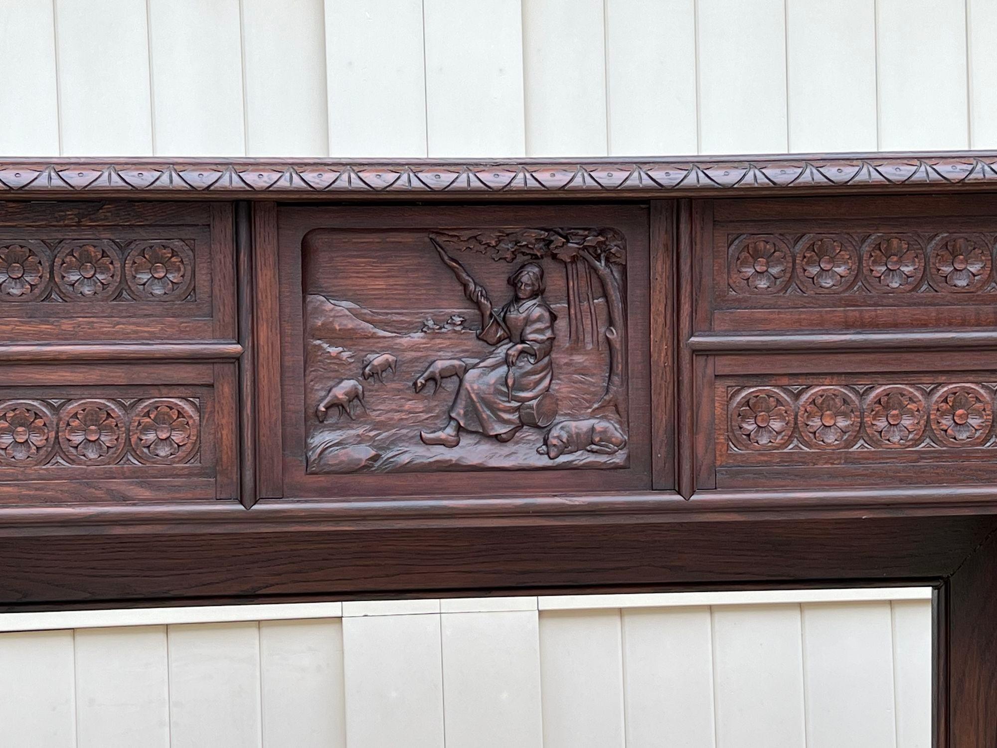 19th Century Antique French Mantel Fireplace Surround Breton Brittany Carved Dark Oak For Sale