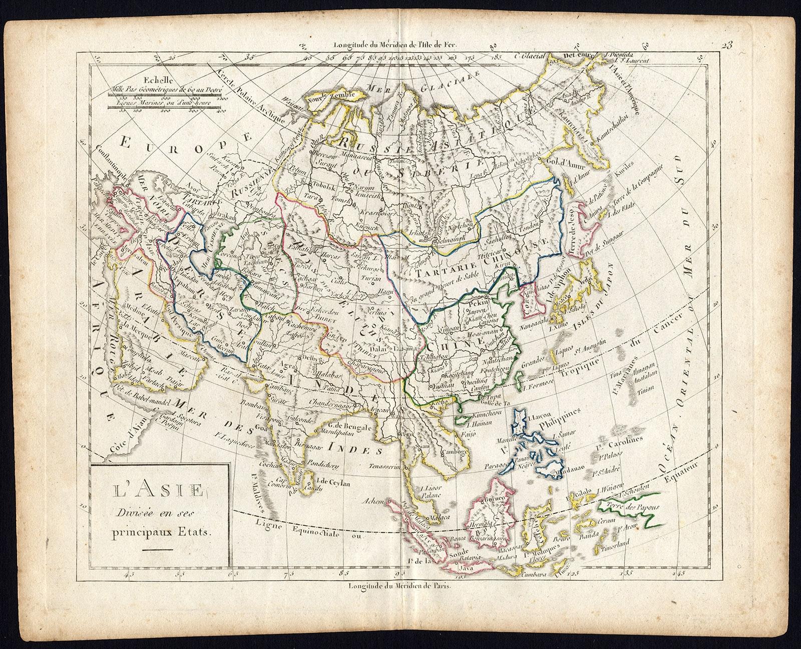 Papier Carte française ancienne d'Asie avec bordure d'origine, vers 1785 en vente