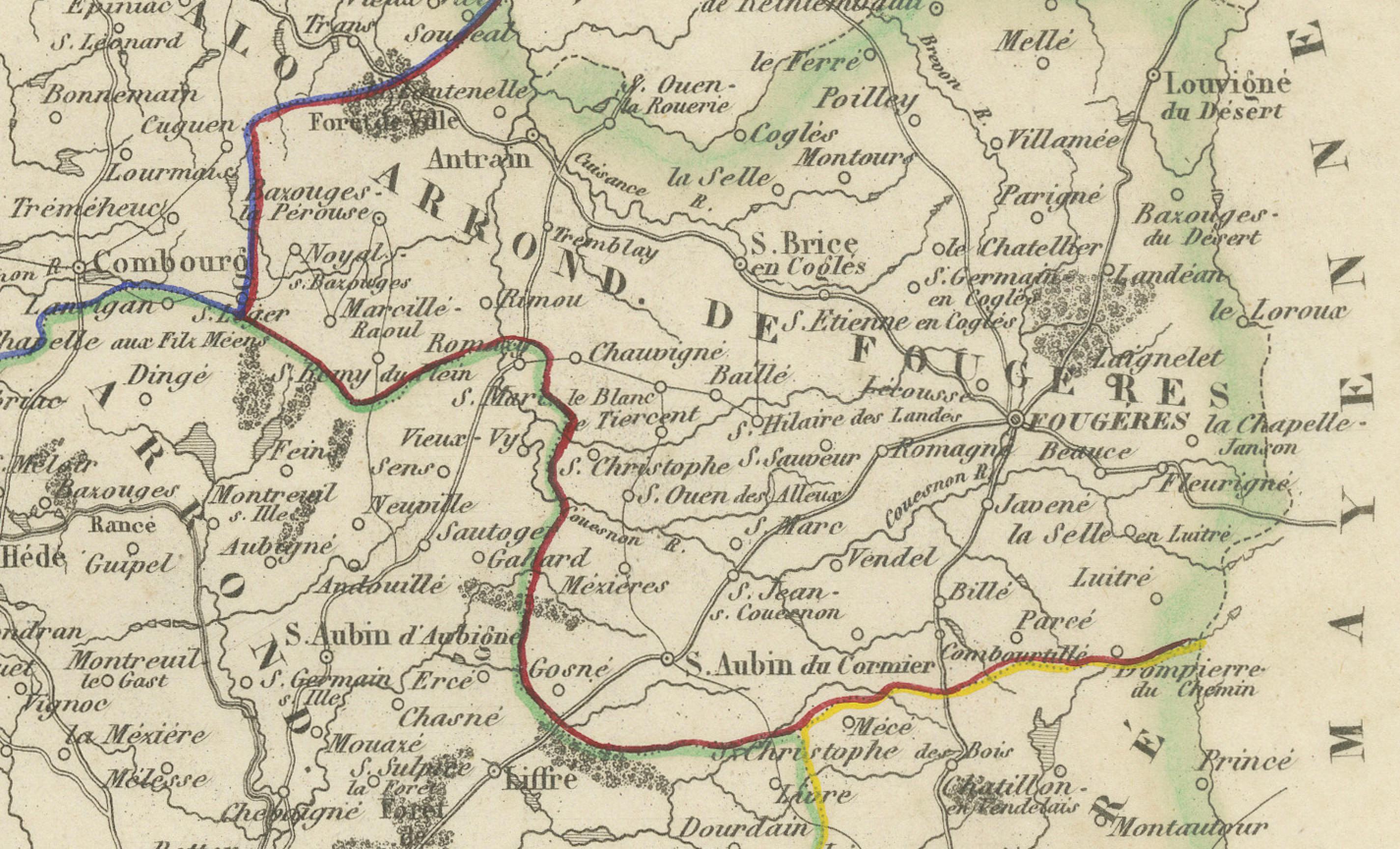 Antique French Map of Ille-et-Vilaine Region with Rennes, Saint-Malo, 1800s