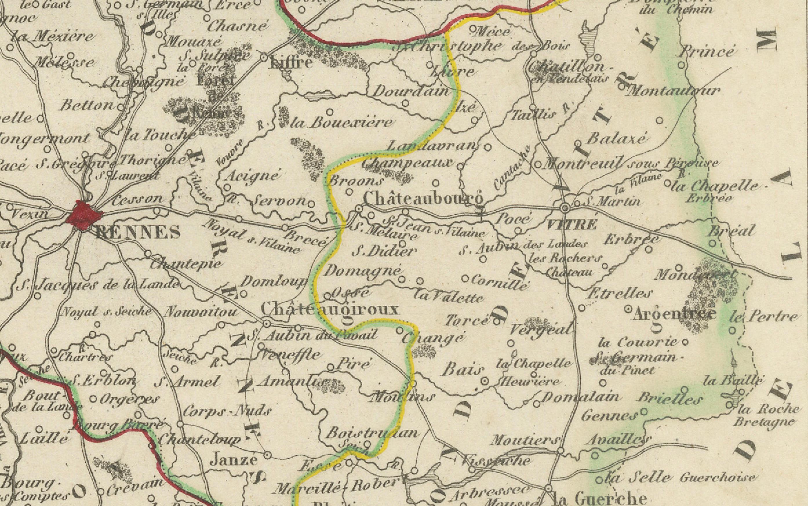 Antique French Map of Ille-et-Vilaine Region with Rennes, Saint-Malo, 1800s