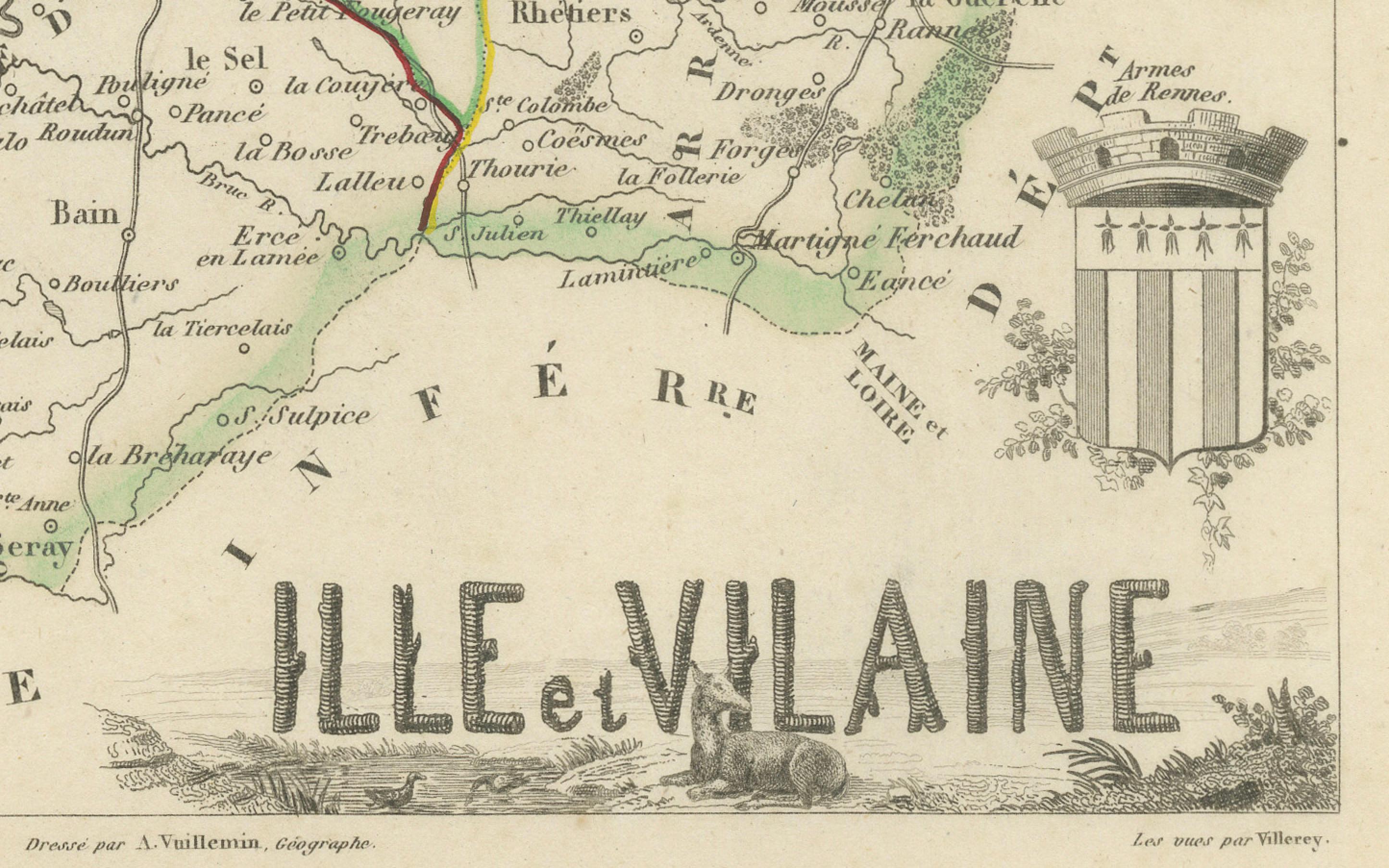 Antique French Map of Ille-et-Vilaine Region with Rennes, Saint-Malo, 1800s