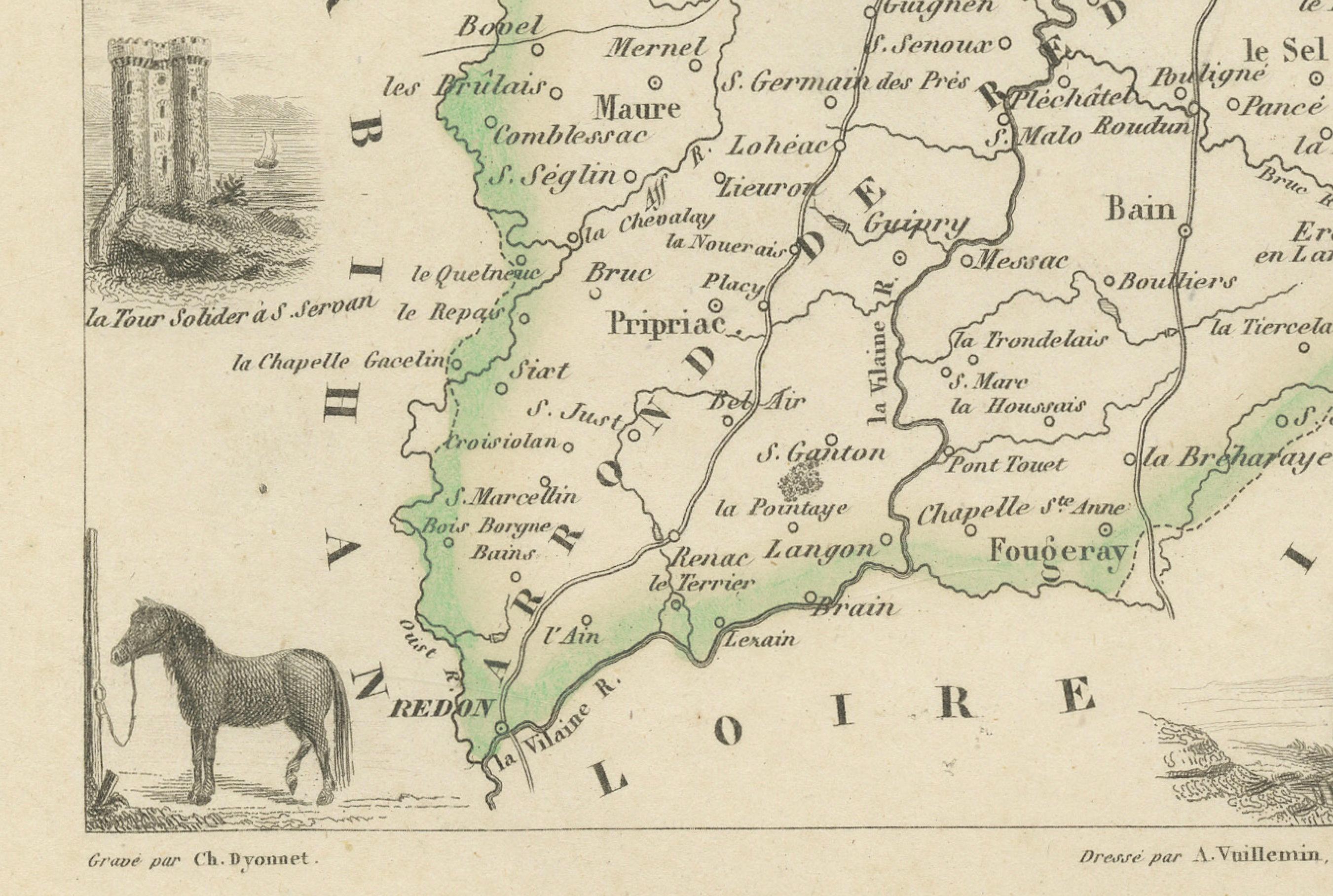 Antique French Map of Ille-et-Vilaine Region with Rennes, Saint-Malo, 1800s