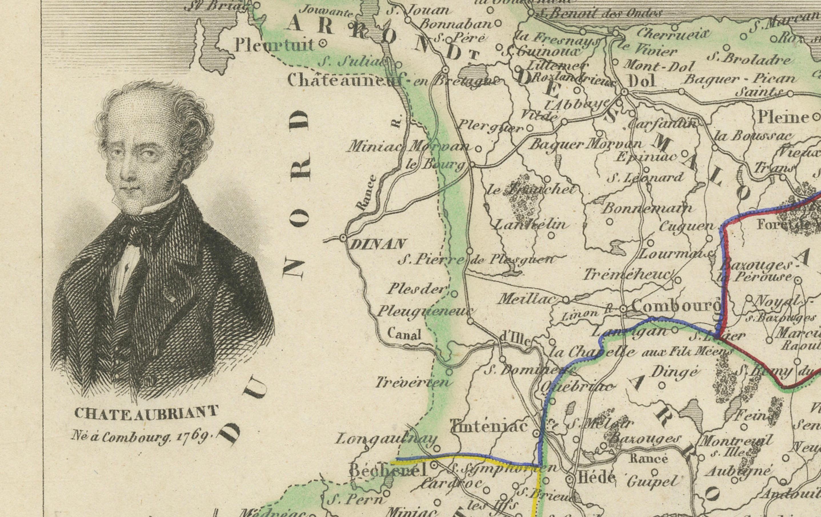Antique French Map of Ille-et-Vilaine Region with Rennes, Saint-Malo, 1800s