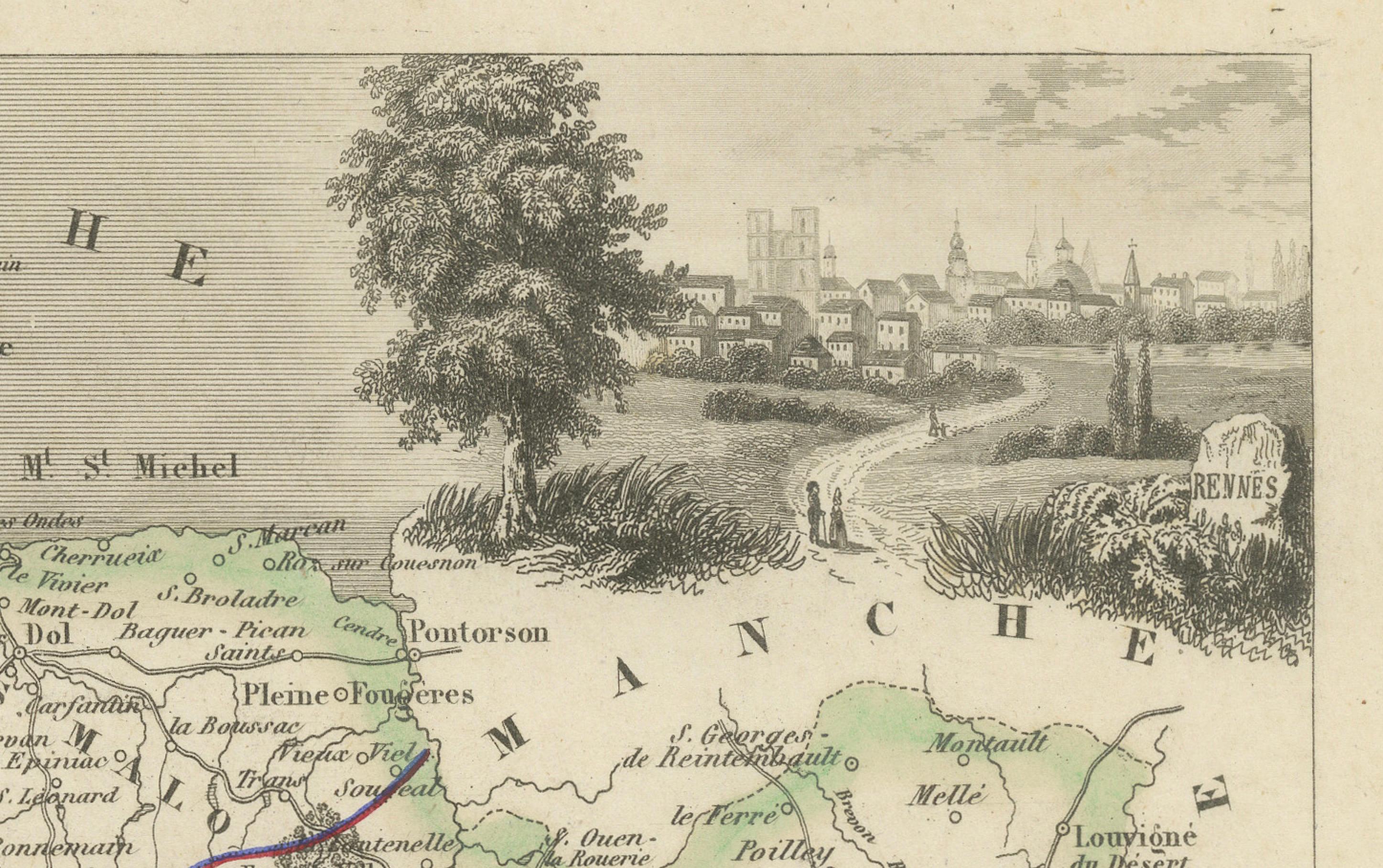 Antique French Map of Ille-et-Vilaine Region with Rennes, Saint-Malo, 1800s