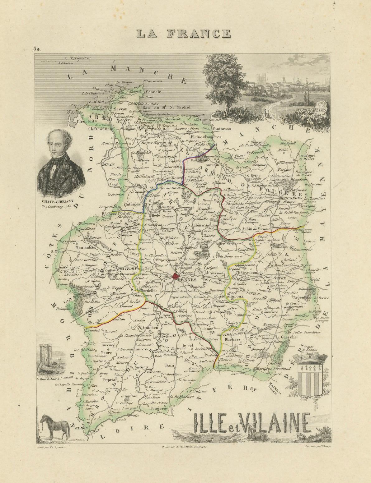 Antique French Map of Ille-et-Vilaine Region with Rennes, Saint-Malo, 1800s