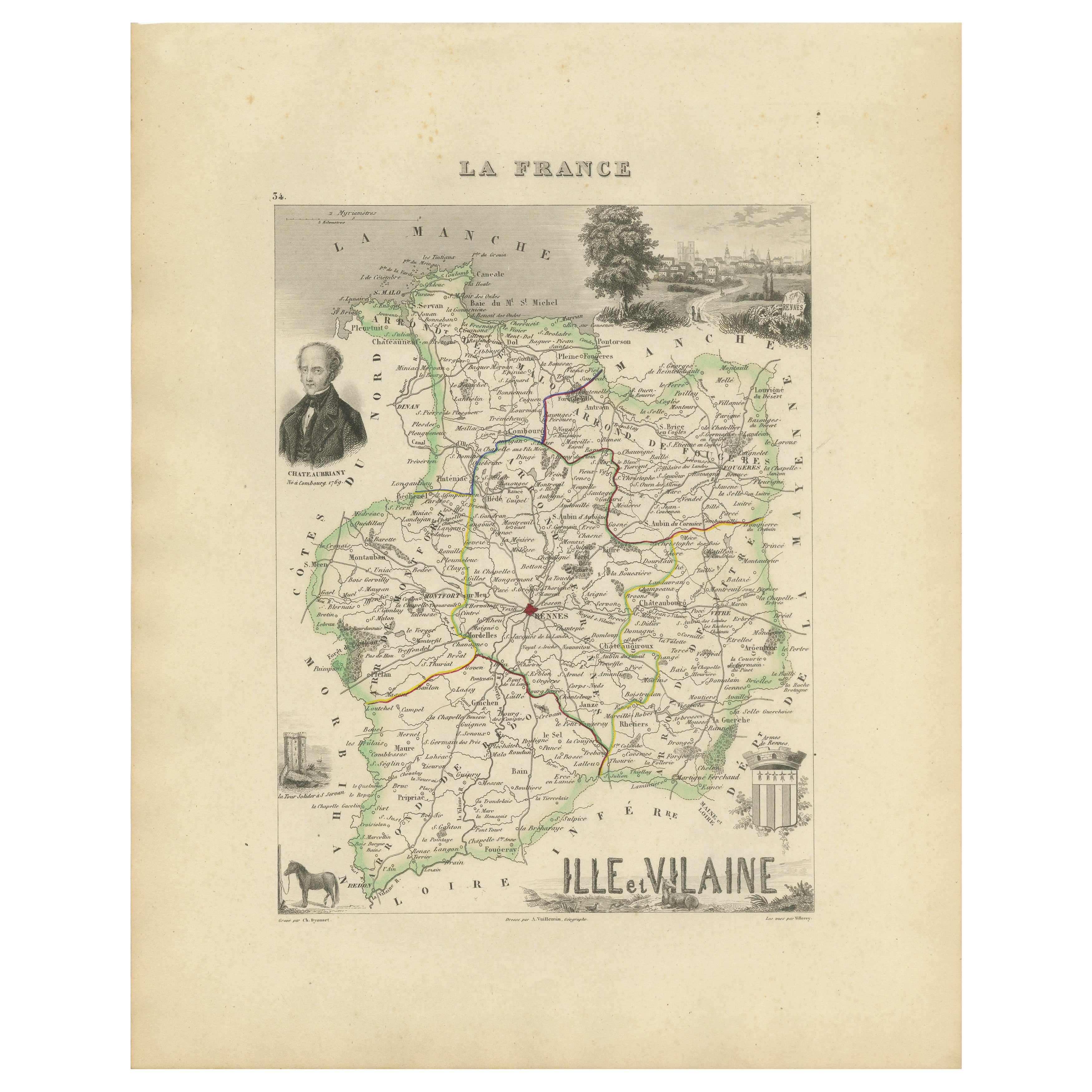 Antique French Map of Ille-et-Vilaine Region with Rennes, Saint-Malo, 1800s