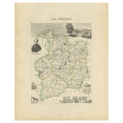 Antique French Map of Ille-et-Vilaine Region with Rennes, Saint-Malo, 1800s