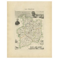 Antique French Map of Ille-et-Vilaine Region with Rennes, Saint-Malo, 1800s
