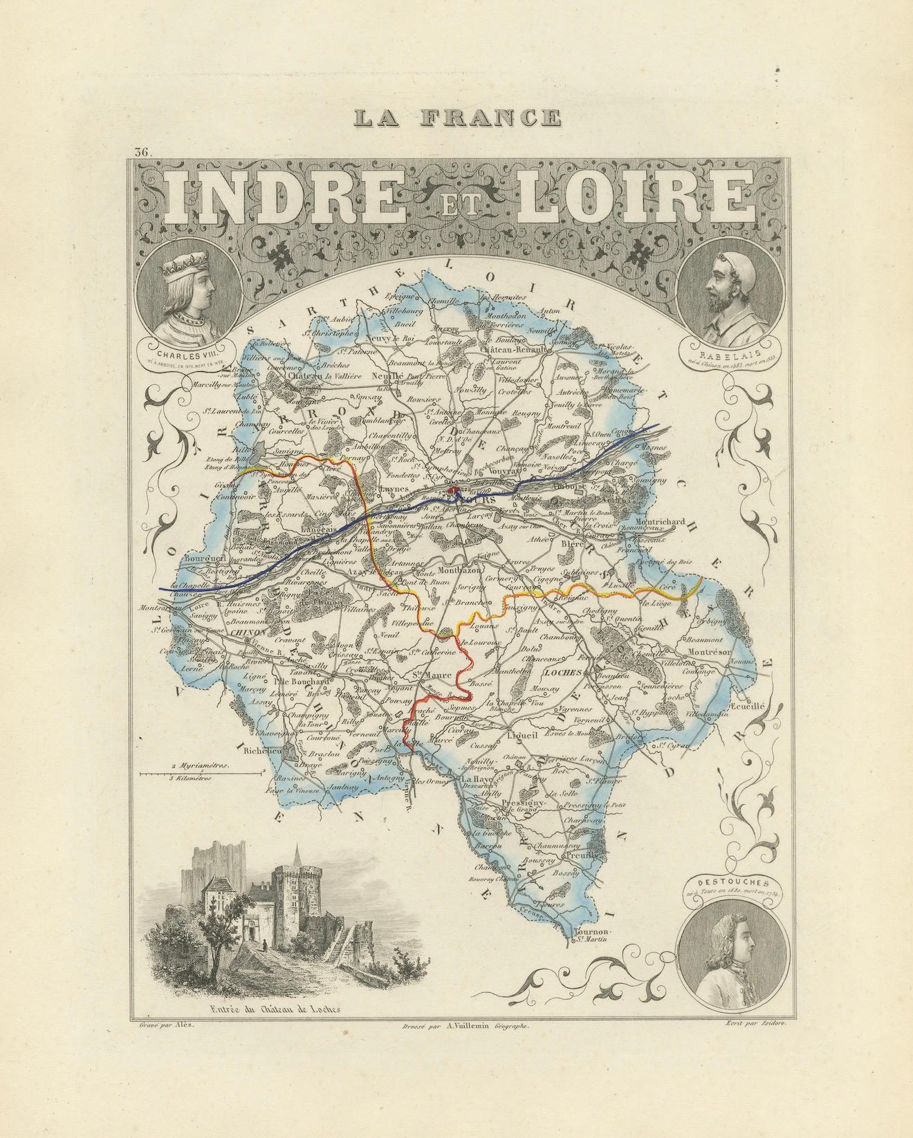 Antique French Map of Indre-et-Loire with Tours, Amboise, Chinon, 1800s en vente 3