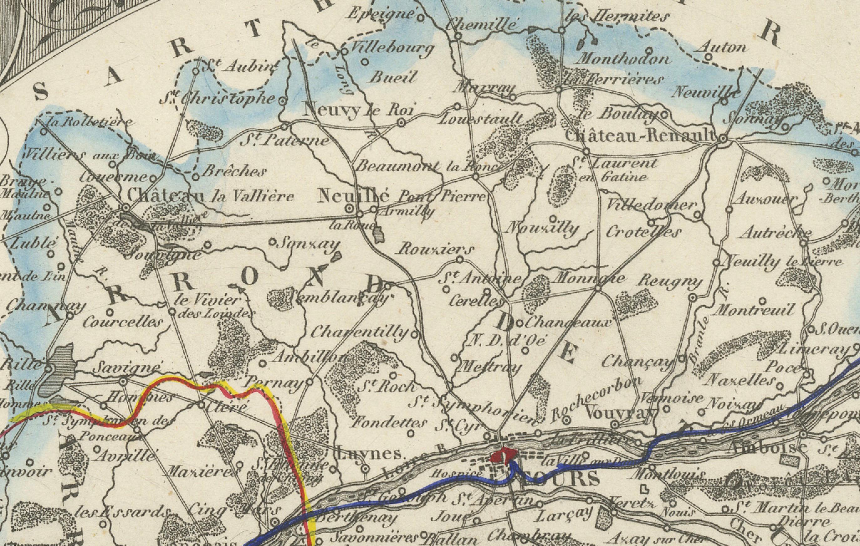 Carte ancienne de l'Indre-et-Loire, France par Vuillemin, 19ème siècle

Cette carte magnifiquement gravée illustre le département d'Indre-et-Loire, situé dans la région Centre-Val de Loire en France. Réalisée au milieu du XIXe siècle par Alexandre
